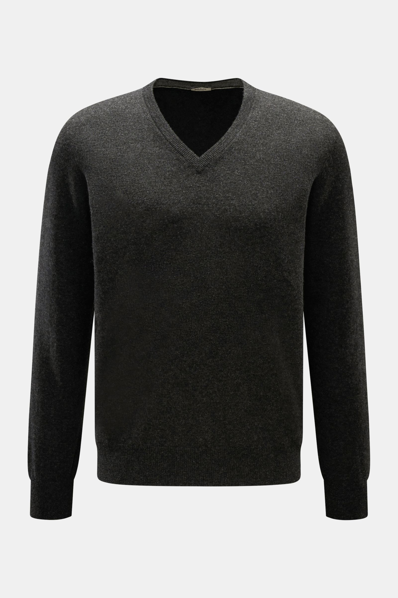 Gran Sasso V-Neck Pullover anthrazit meliert, frontal fotografiert, softer Mix aus Wolle, Viskose, Cashmere, Regular Fit, feines Strickbild, Rippbündchen.