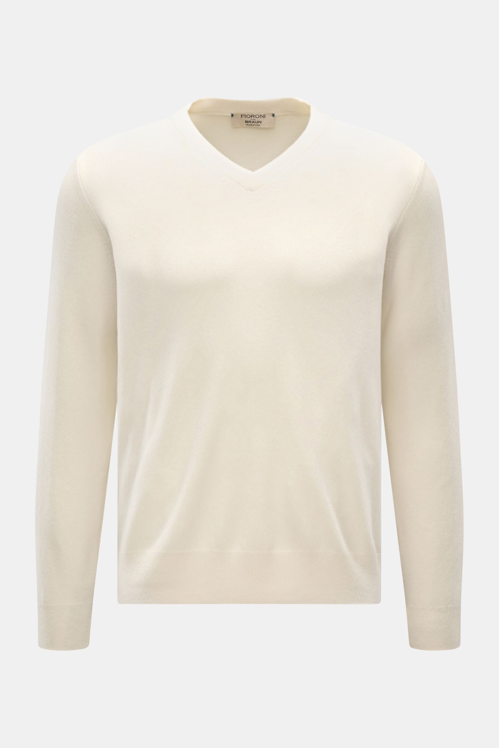 Fioroni Cashmere V-Neck Pullover creme, frontale Ansicht, Slim Fit, weiches Baby-Cashmere, feines Strickbild, flexible Rippbündchen, Luxus zum Spüren.