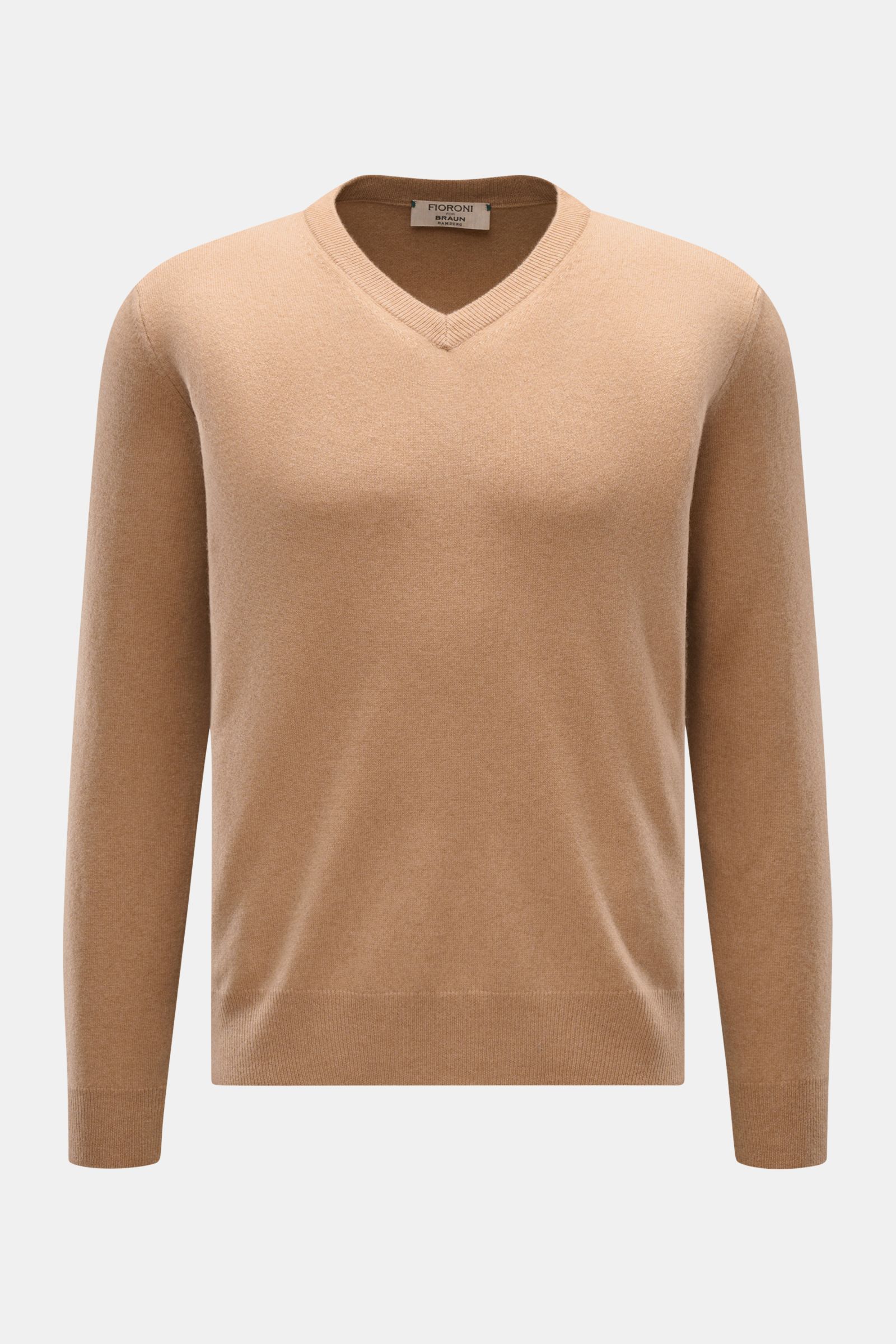 Fioroni Cashmere V-Neck Pullover camel, Slim Fit, feines Strickbild, reiner Baby-Cashmere, sehr weich, flexible Rippbündchen, frontal fotografiert.