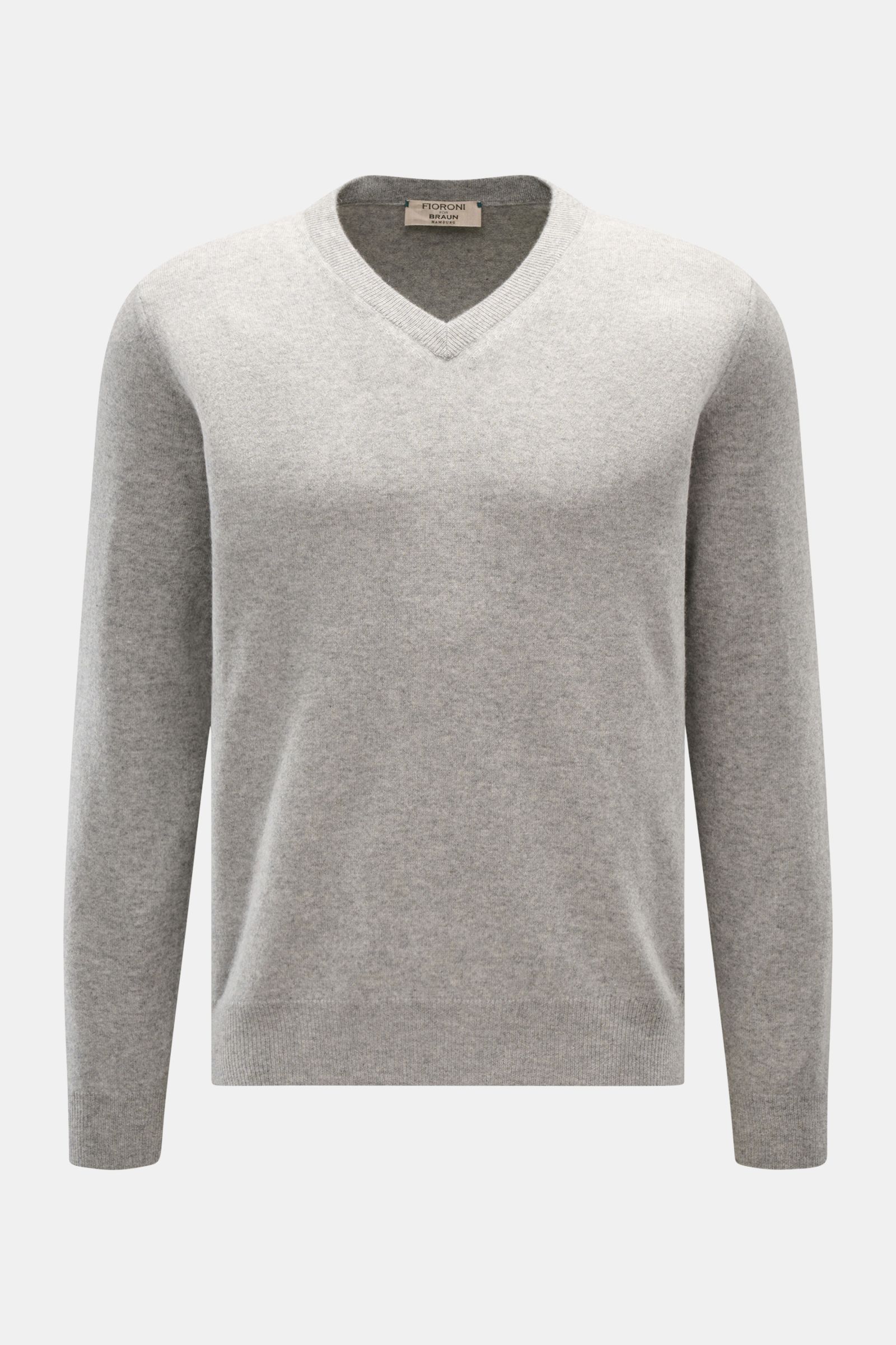 Fioroni Cashmere V-Neck Pullover grau meliert in Slim Fit, vorne frontal fotografiert, aus reiner Baby-Cashmere mit weichem Griff.