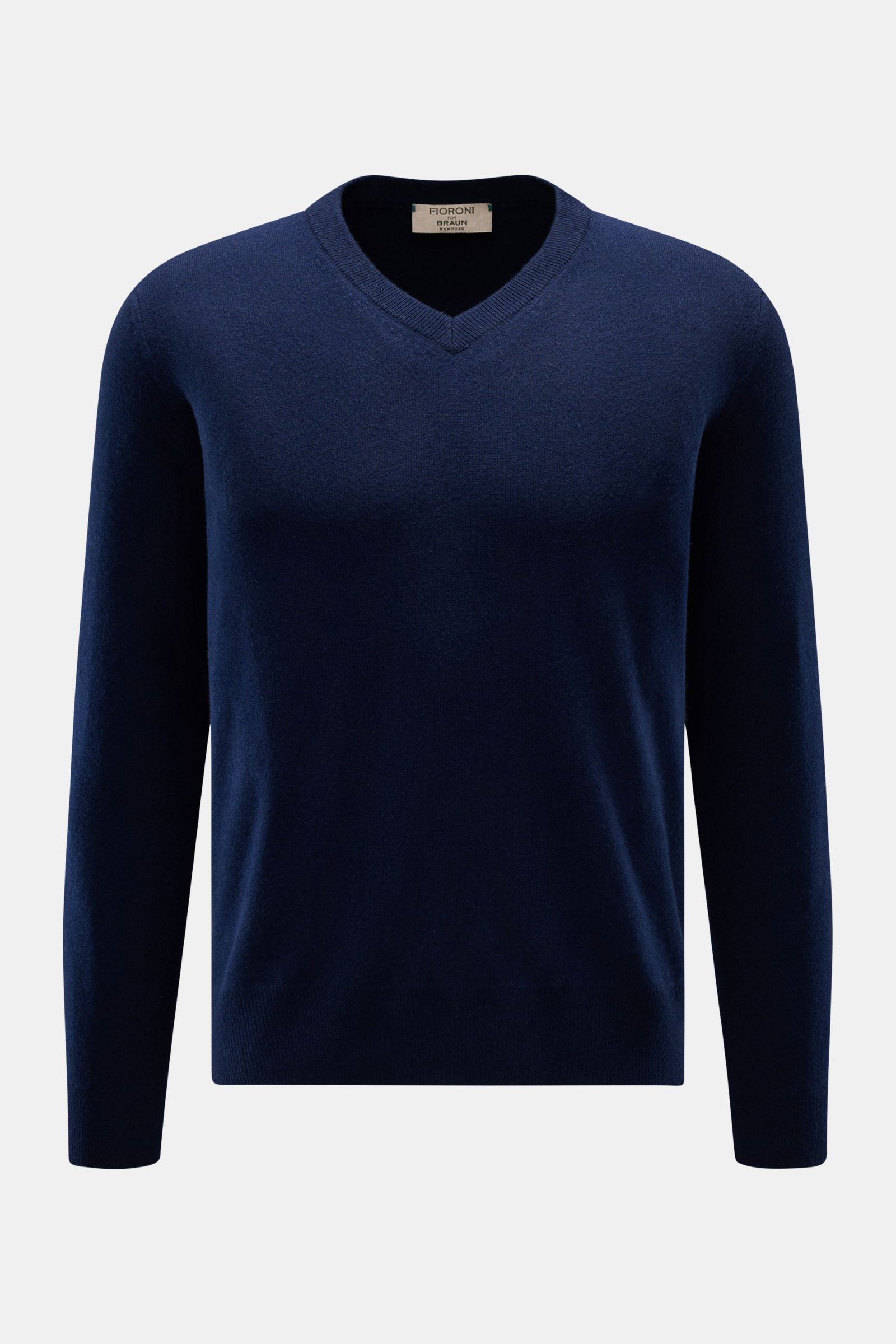 Fioroni Cashmere V-Neck Pullover navy, frontale Ansicht, Slim Fit, reiner Baby-Cashmere, sehr weich, feines Strickbild, flexible Rippbündchen, Luxus spürbar.