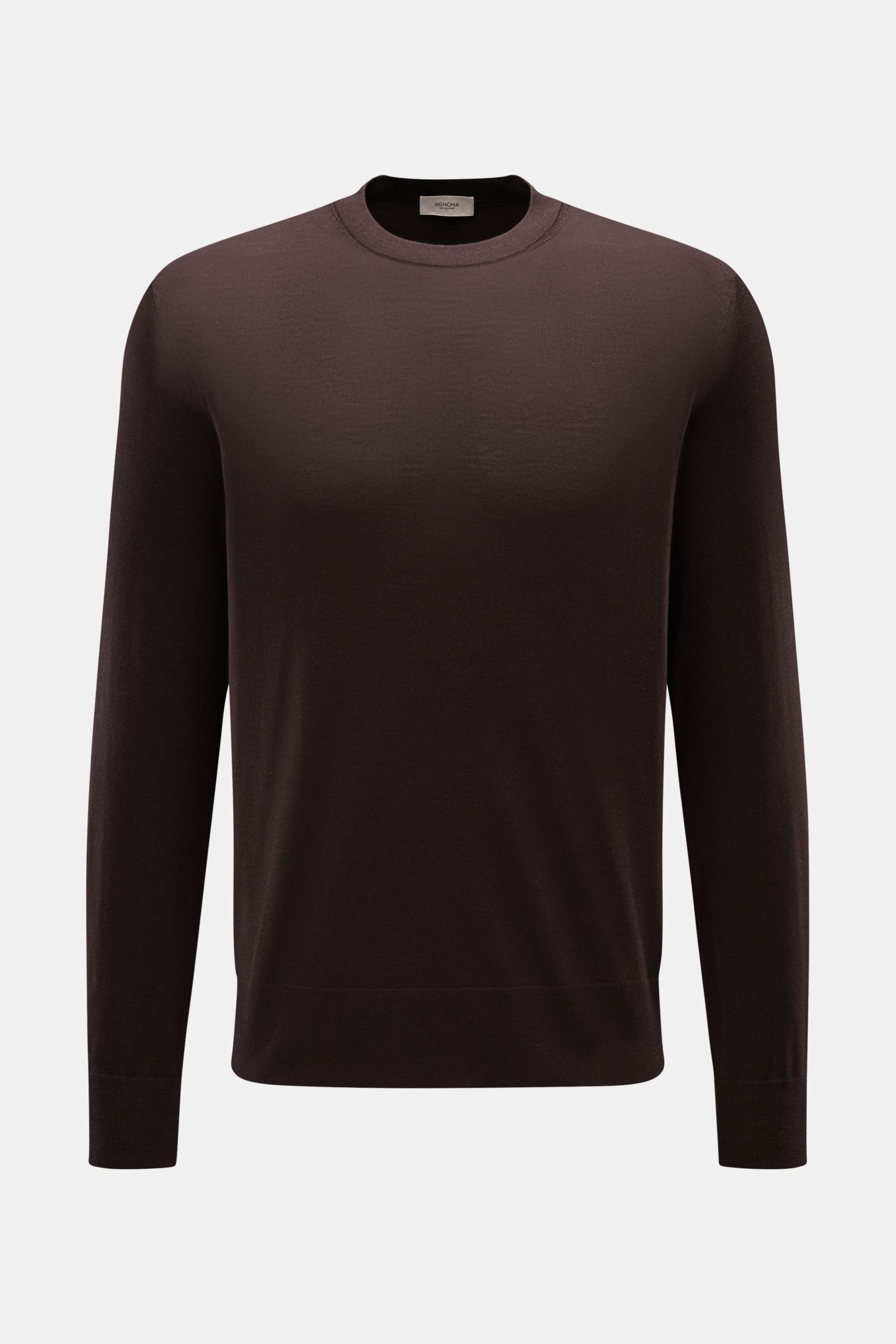 Agnona Rundhalspullover dunkelbraun in Slim Fit, aus reiner Wolle mit feinem Strickbild, Rundhalsausschnitt, Rippbündchen, frontal fotografiert.
