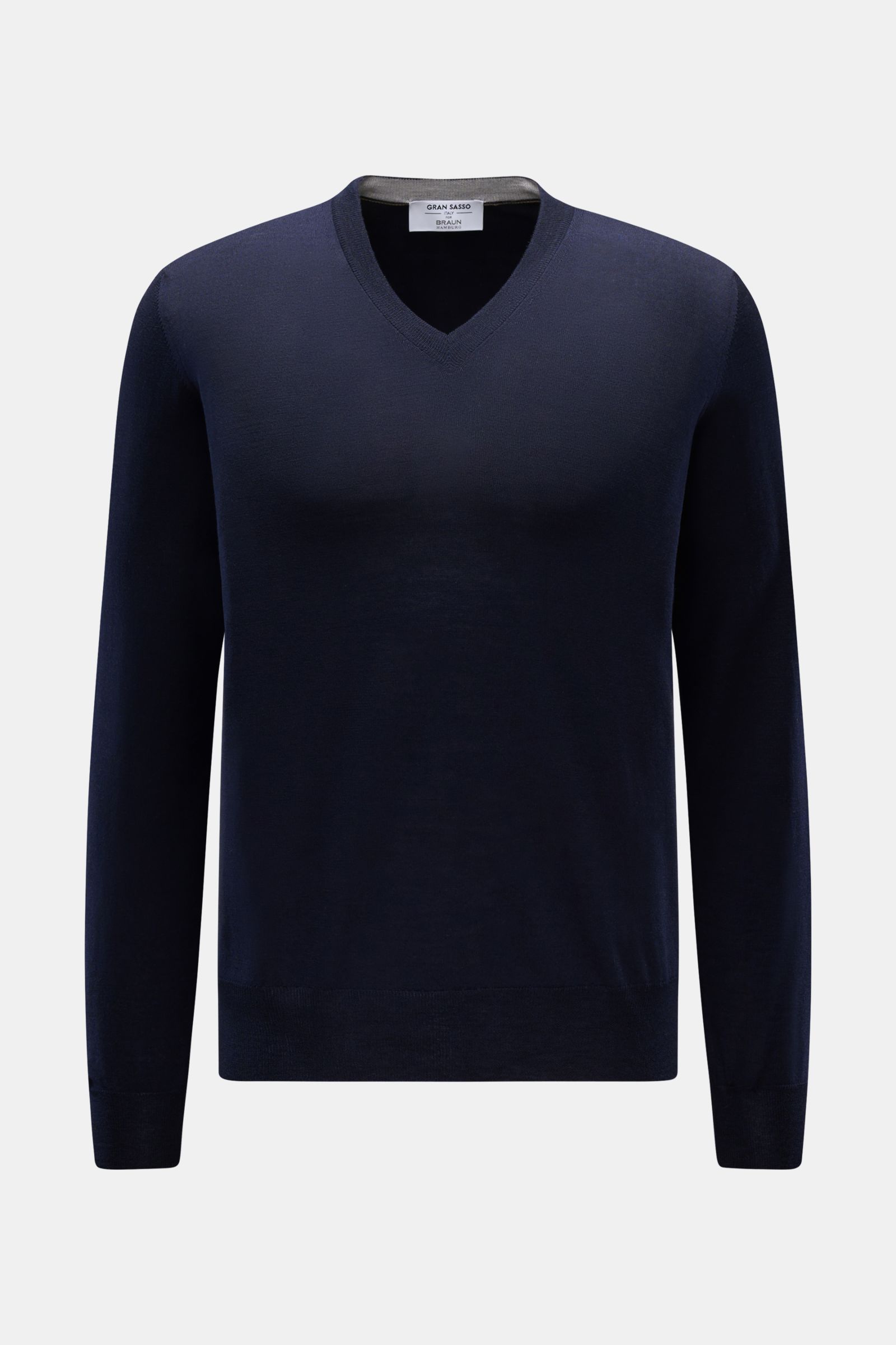 Gran Sasso V-Neck Pullover navy, Slim Fit, feiner Strick, reine Wolle, weicher Griff, leichte Qualität, Rippbündchen, frontale Perspektive.
