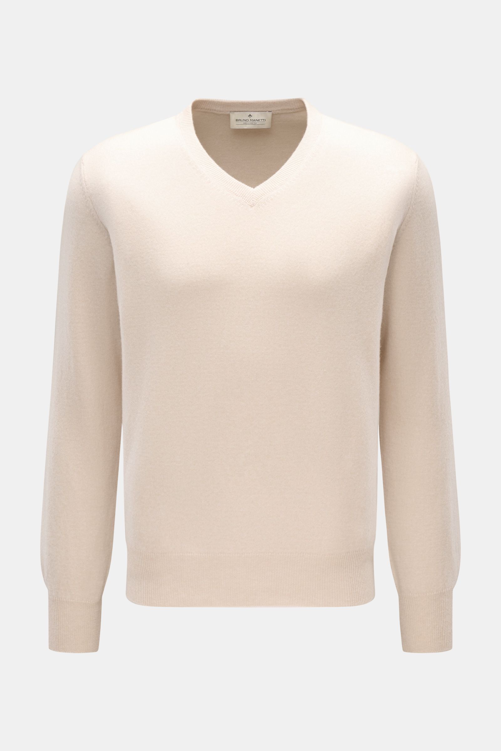 Bruno Manetti Cashmere V-Neck Pullover sand, frontale Ansicht, weicher Cashmere, feines Strickbild, Regular Fit, V-Ausschnitt, Rippbündchen.