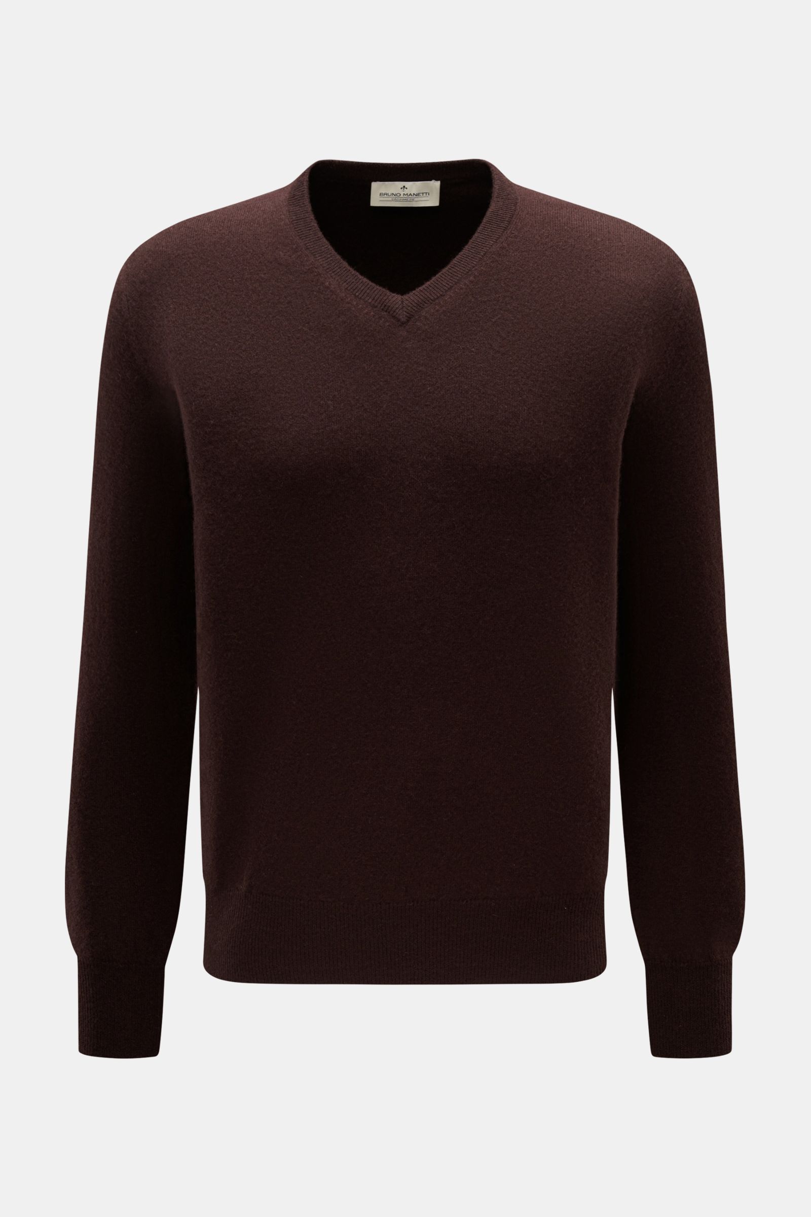 Bruno Manetti Cashmere V-Neck Pullover dunkelbraun, frontale Nahaufnahme, weicher Griff, feines Strickbild, Regular Fit, komfortable Rippbündchen.