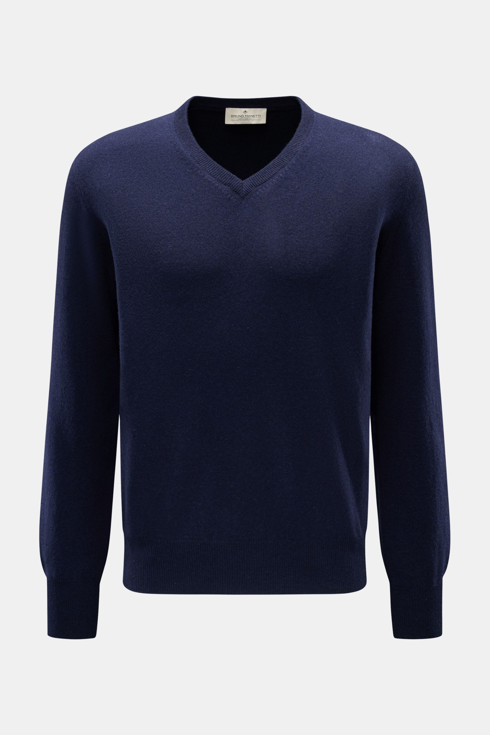 Bruno Manetti Cashmere V-Neck Pullover navy, frontale Nahaufnahme, weicher, reiner Cashmere mit feinem Strickbild, Regular Fit, Rippbündchen, V-Ausschnitt.