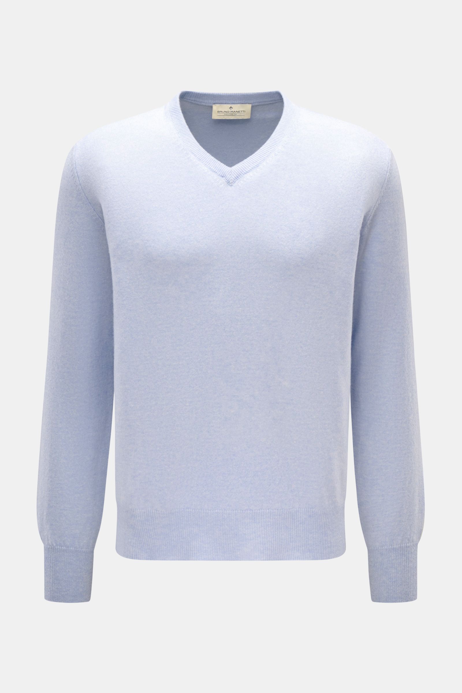 Bruno Manetti Cashmere V-Neck Pullover hellblau meliert, frontale Ansicht, V-Ausschnitt, reiner Cashmere, weicher Griff, Regular Fit, Rippbündchen.