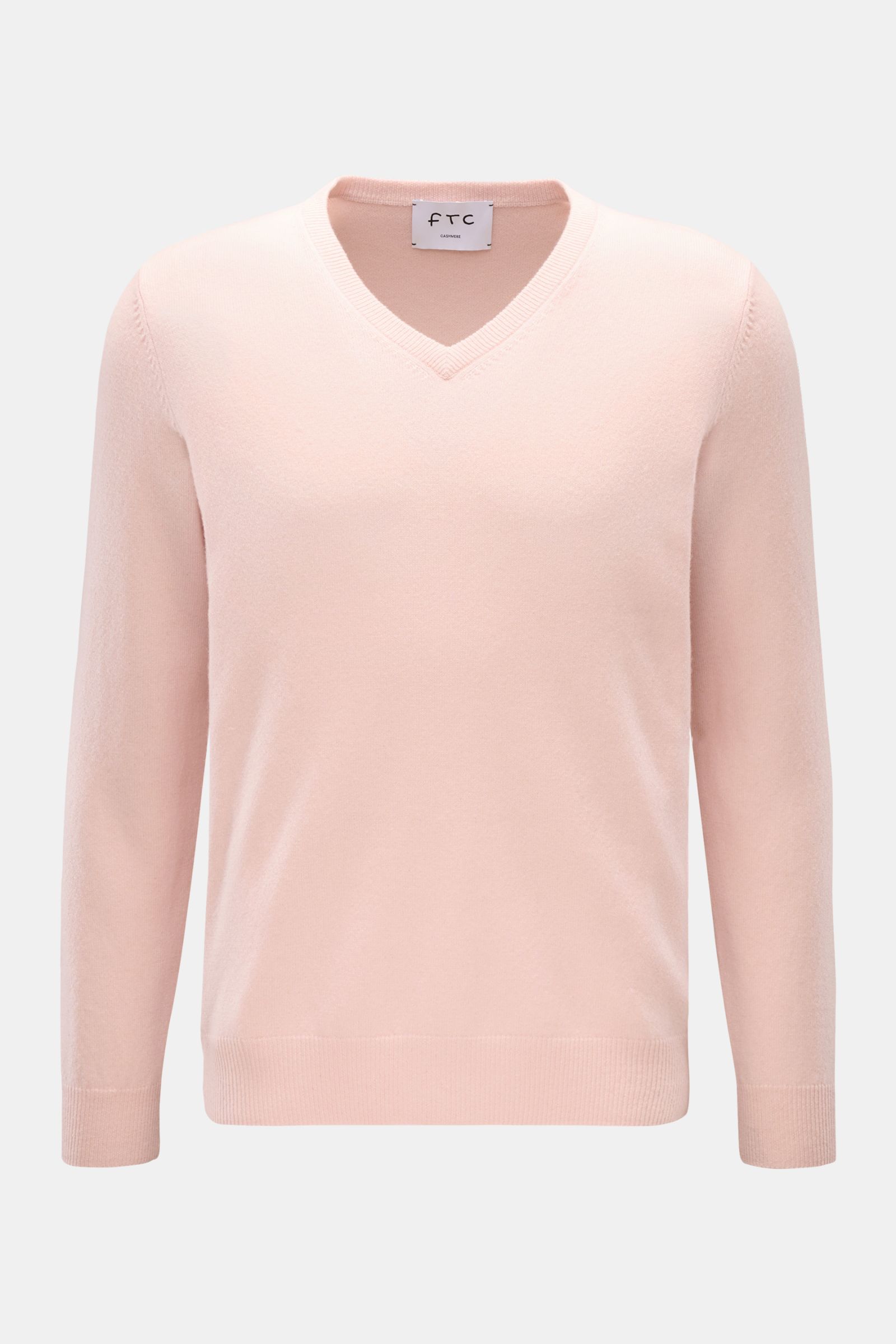 FTC Cashmere V-Neck Pullover rosé, Slim Fit mit V-Ausschnitt, feinem Strickbild, weichem Griff und Rippbündchen, frontal fotografiert, Fair-Trade-Cashmere.