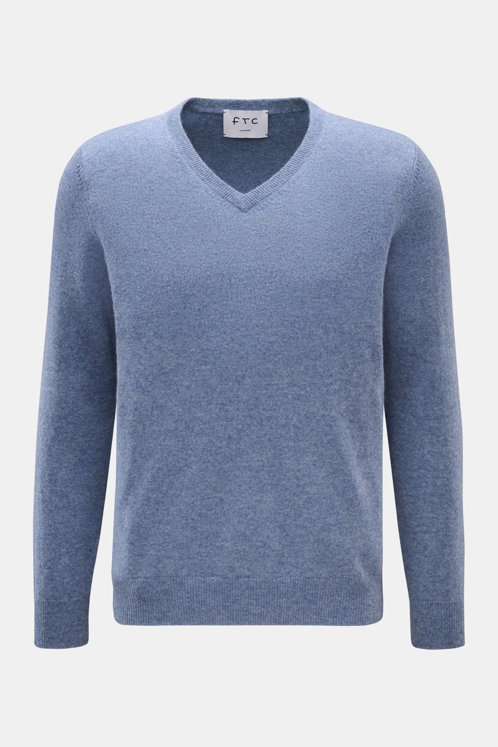 FTC Cashmere V-Neck Pullover rauchblau meliert, Slim Fit, feines Strickbild, V-Ausschnitt, Rippbündchen, nachhaltiger Fair-Trade-Cashmere, Frontansicht.