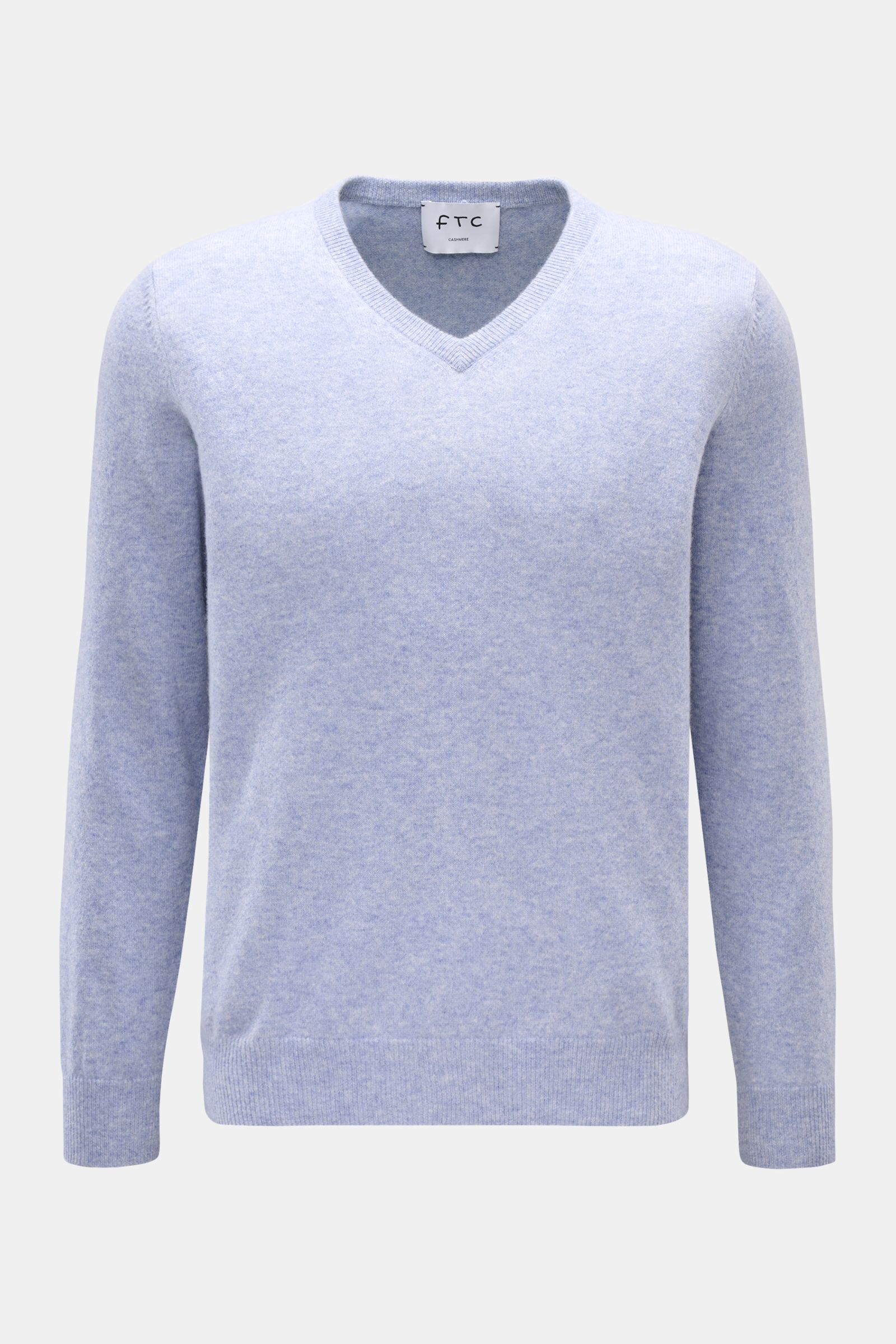 FTC Cashmere V-Neck Pullover hellblau meliert, Vorderansicht, Slim Fit, nachhaltiger Fair-Trade-Cashmere, weicher Griff, feines Strickbild, V-Ausschnitt, Rippbündchen.