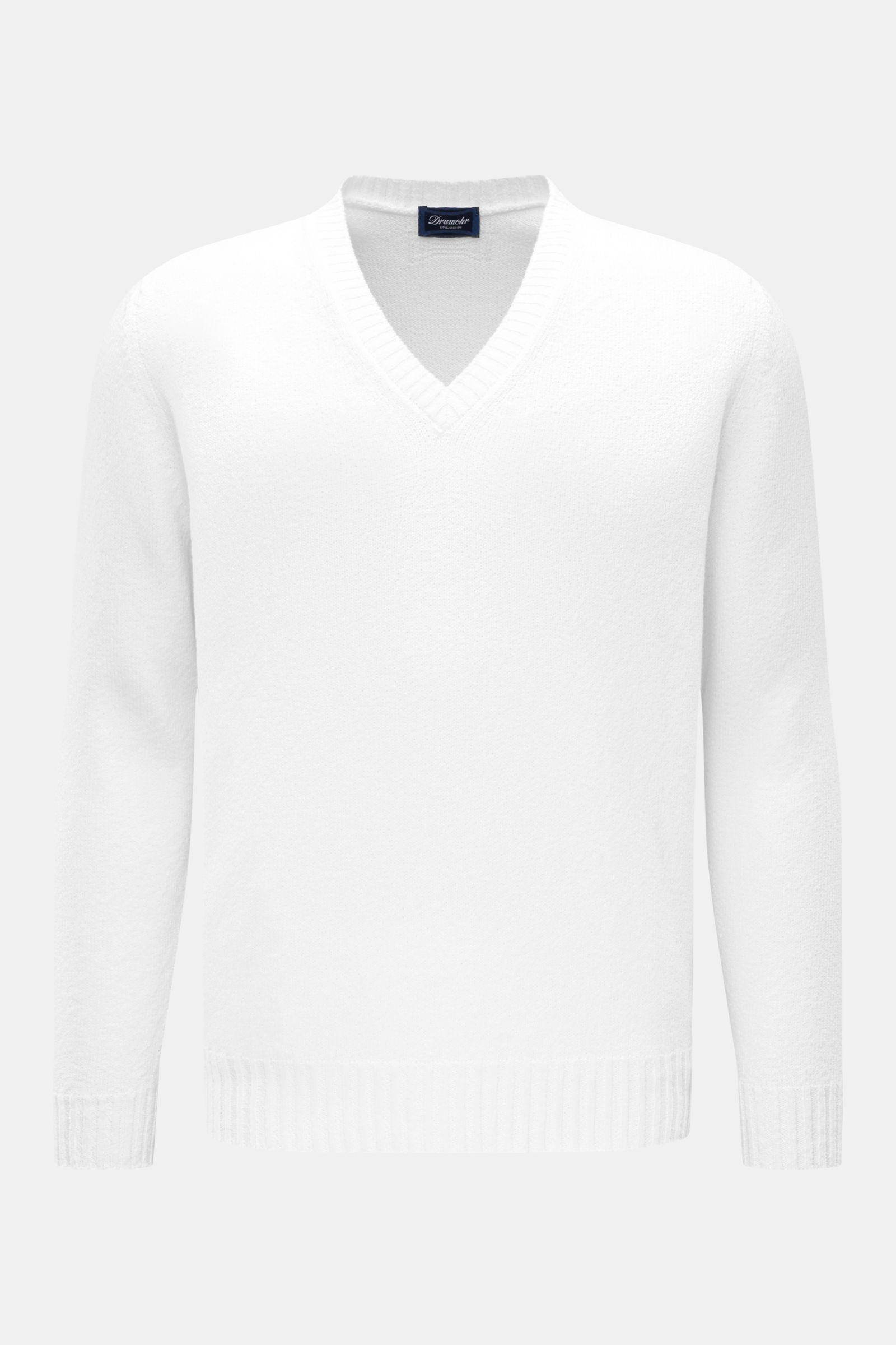 Front-facing Drumohr V-neck jumper white in soft cotton with light bouclé texture, slim fit, medium-fine knit, and wide ribbed bands, photographed from the front.

Description: Renowned Italian brand DRUMOHR is known for its premium knitwear: This V-neck 