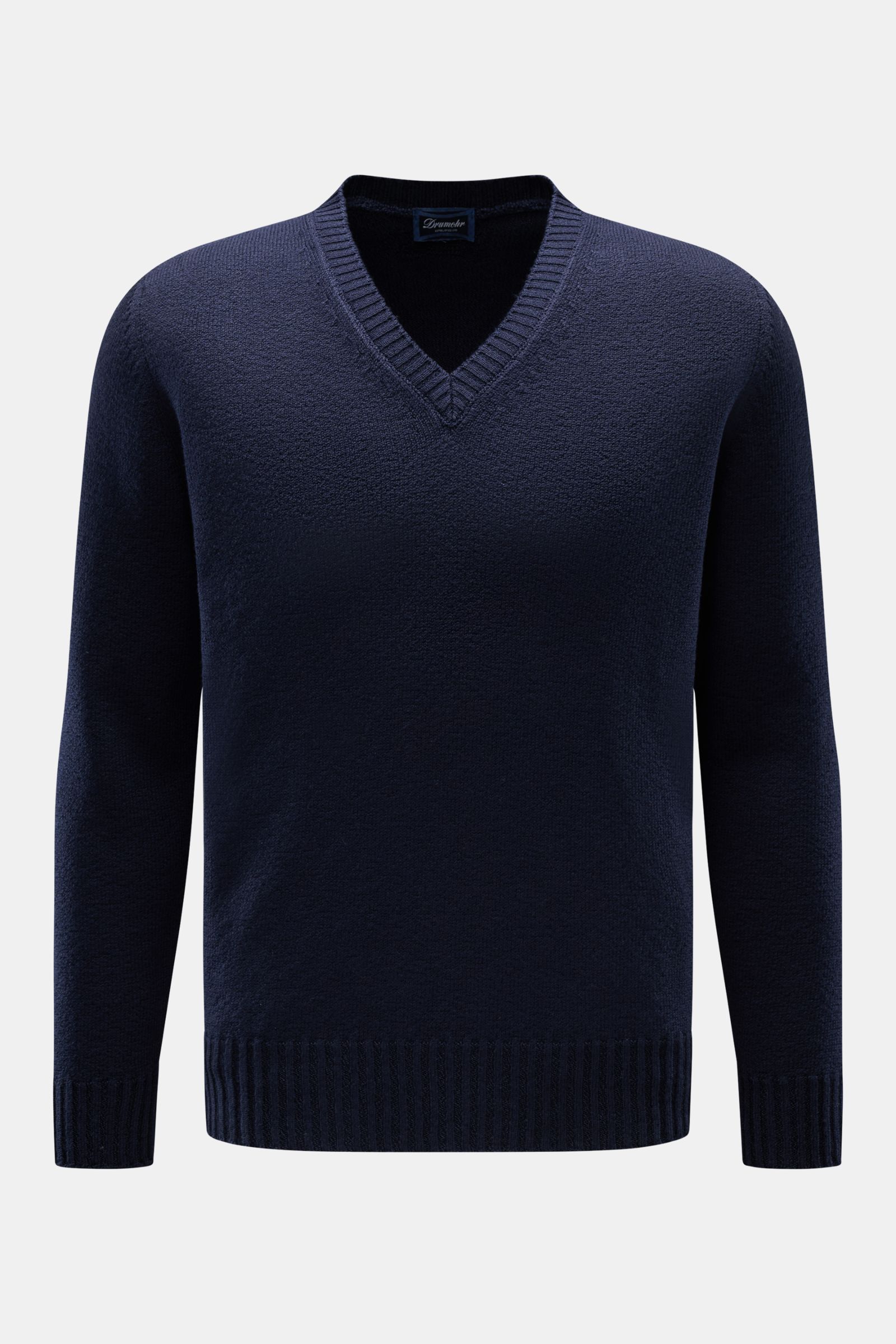 Drumohr V-Neck Pullover dunkelblau, frontal fotografiert, Slim Fit, weiche Baumwolle mit leichter Bouclé-Struktur, V-Ausschnitt, breite Rippbündchen.