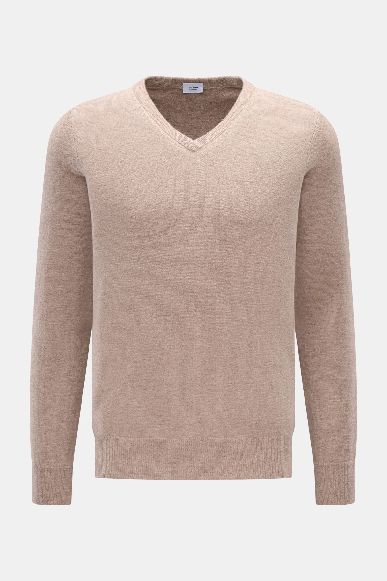 von Braun Cashmere V-Neck Pullover beige meliert, Slim Fit, feines Strickbild, V-Ausschnitt, elastische Rippbündchen, weicher Griff, frontale Nahaufnahme