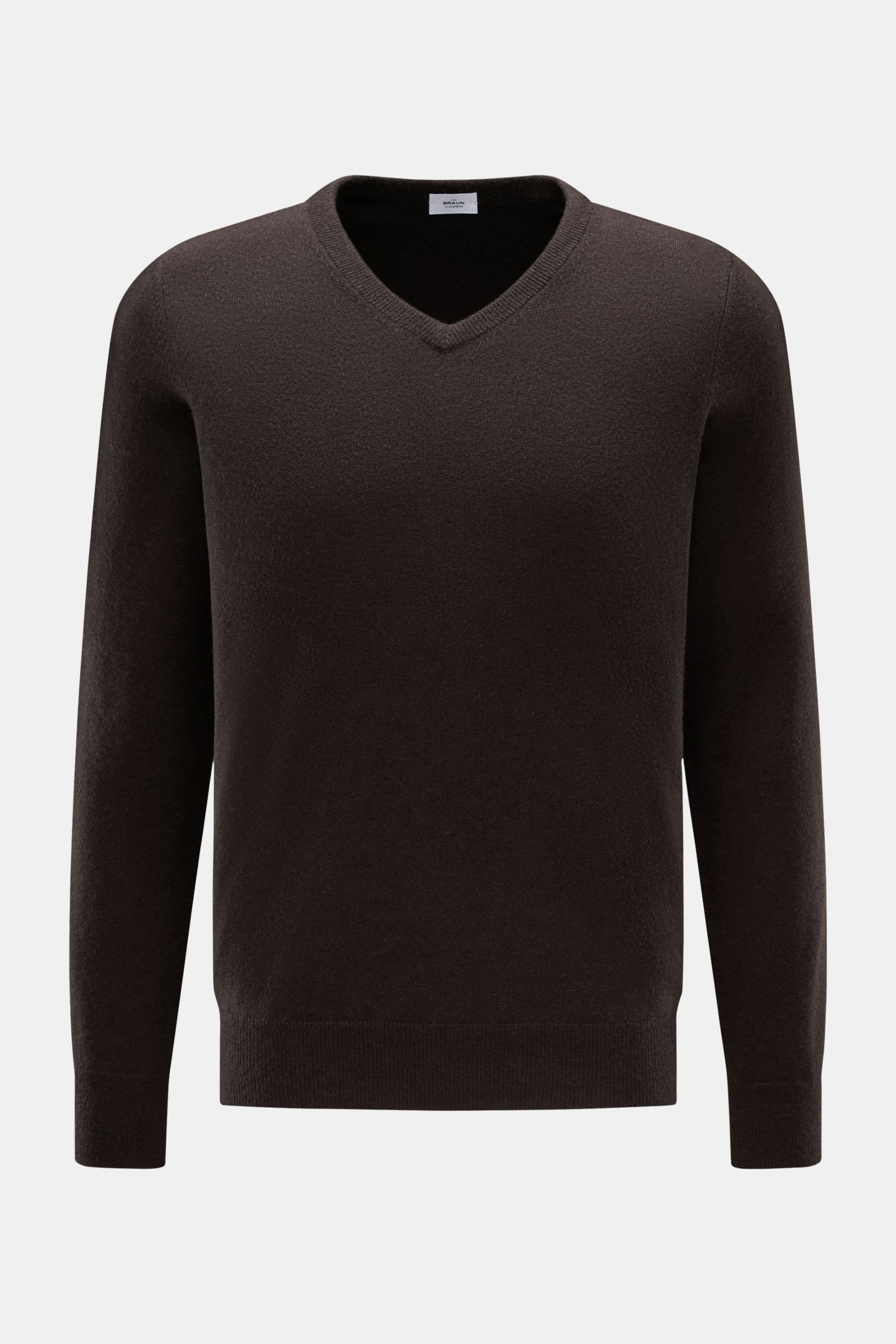von Braun Cashmere V-Neck Pullover dunkelbraun, Slim Fit, aus reinem Cashmere mit feinem Strickbild, V-Ausschnitt und elastischen Rippbündchen, frontal fotografiert.