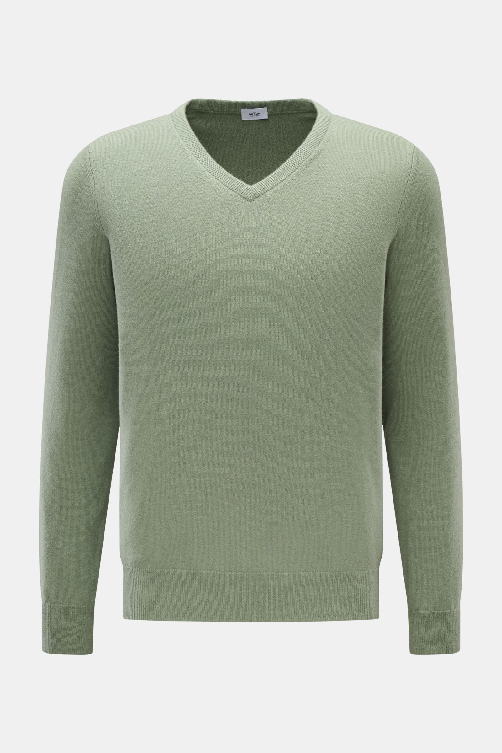 von Braun Cashmere V-Neck Pullover graugrün, Slim Fit, fein gestrickt, V-Ausschnitt, elastische Rippbündchen, weicher Cashmere, Frontansicht