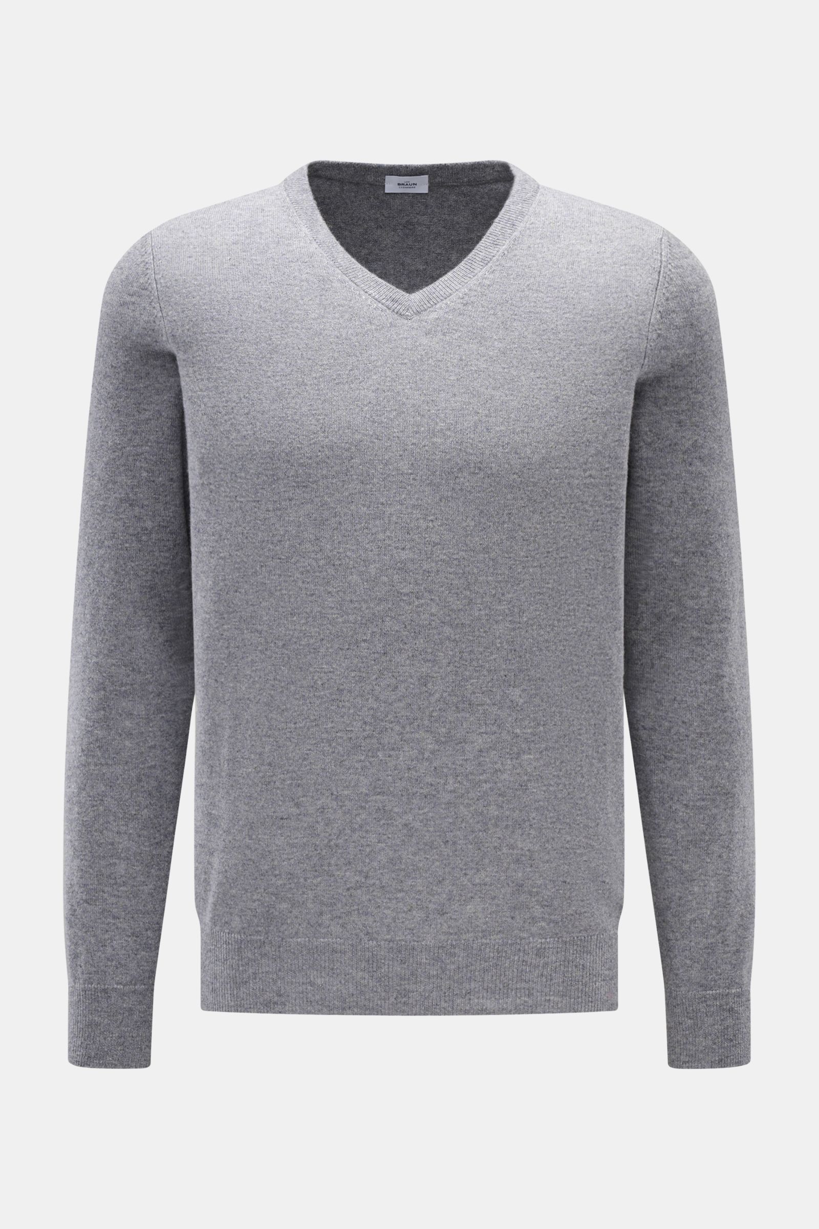 von Braun Cashmere V-Neck Pullover grau meliert, Slim Fit, feines Strickbild, V-Ausschnitt, elastische Rippbündchen, weich, reine Mongolei-Cashmere, Frontansicht