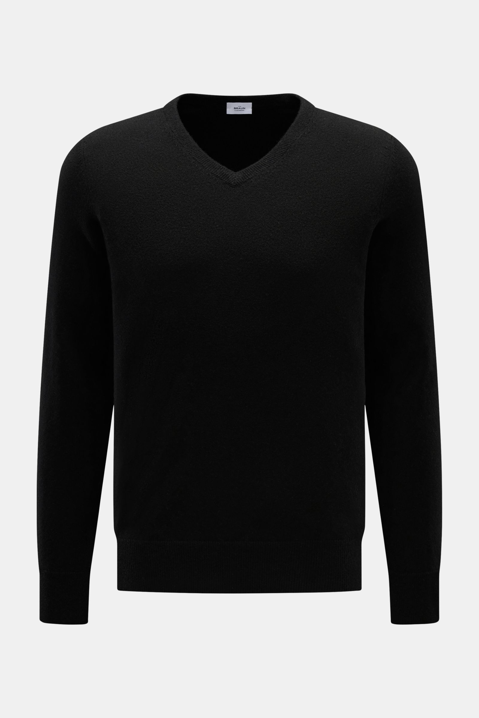 von Braun Cashmere V-Neck Pullover schwarz, Slim Fit, aus reinem mongolischem Cashmere, sehr weich, feines Strickbild, elastische Rippbündchen, frontal fotografiert.