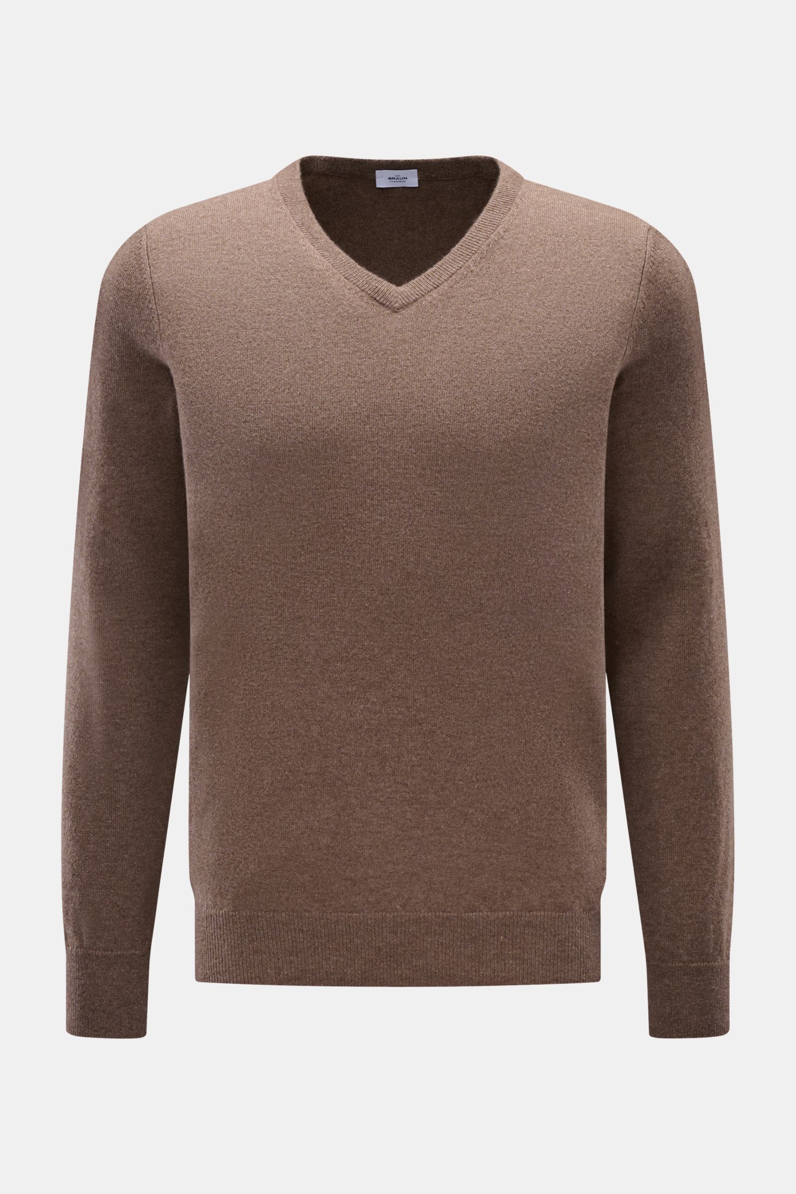 von Braun Cashmere V-Neck Pullover graubraun meliert, Slim Fit, V-Ausschnitt, feines Strickbild, elastische Rippbündchen, frontal fotografiert, reiner Cashmere