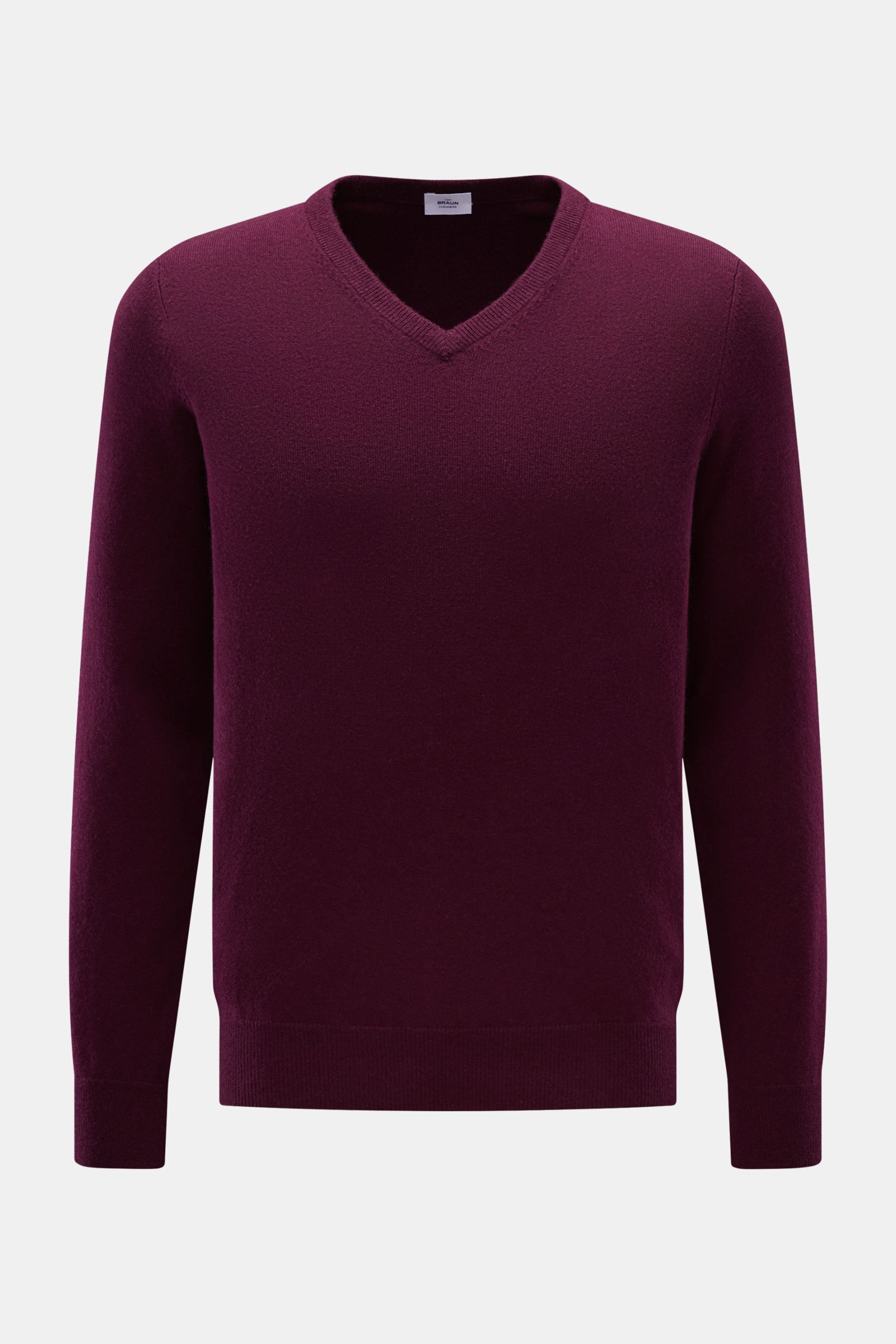 von Braun Cashmere V-Neck Pullover bordeaux, frontal fotografiert, Slim Fit, V-Ausschnitt, reiner Cashmere, sehr weicher Griff, feines Strickbild, elastische Rippbündchen