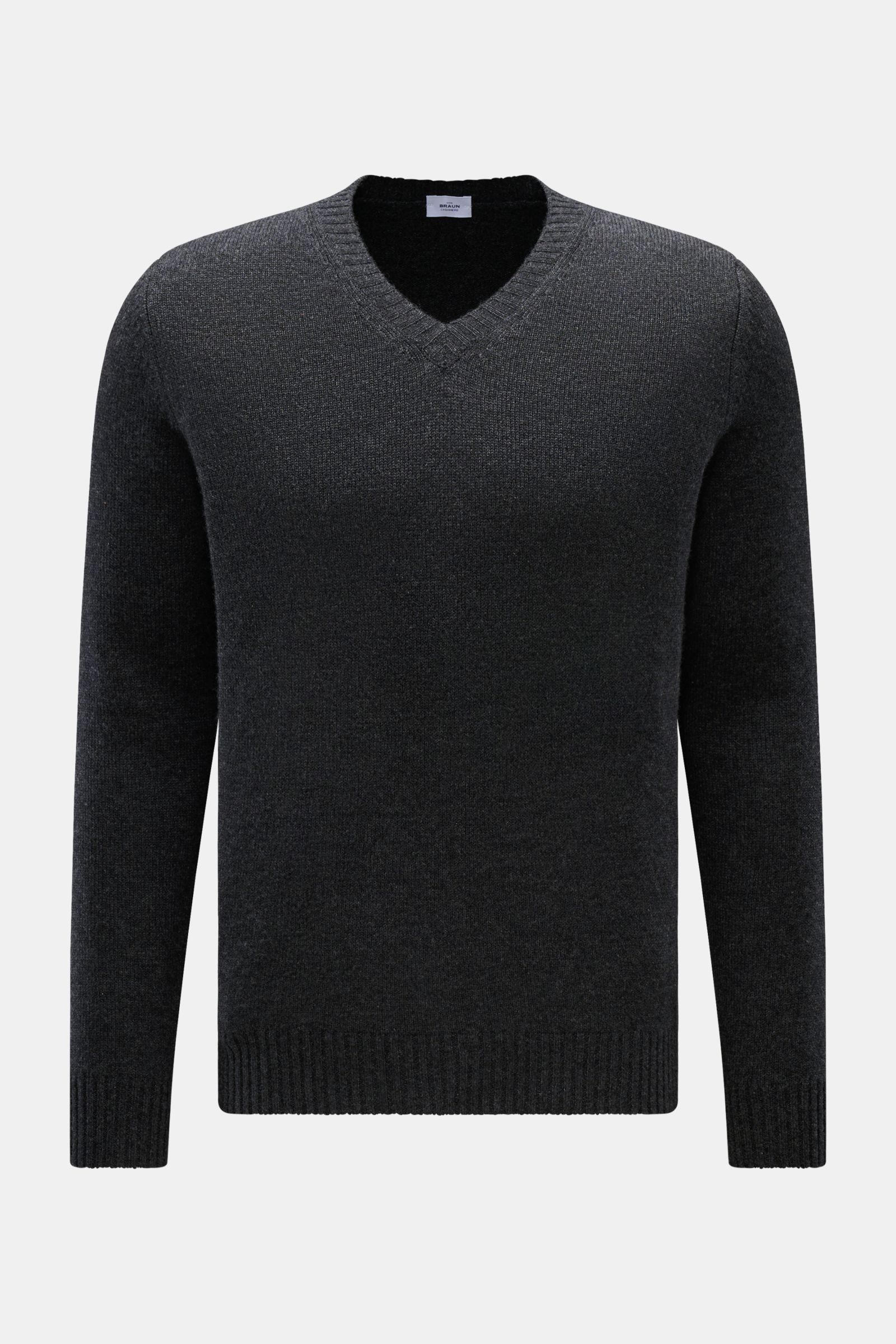 von Braun Cashmere V-Neck Pullover dunkelgrau meliert, frontale Ansicht, Slim Fit, reiner mongolischer Cashmere, sehr weich, mittelfeines Strickbild, V-Ausschnitt, elastische Rippbündchen.