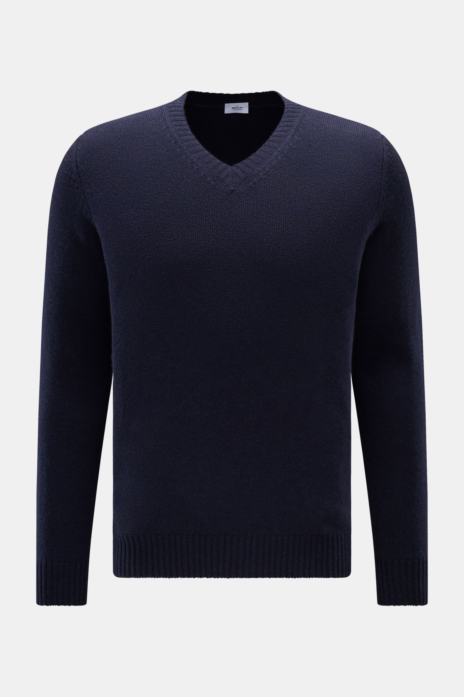 von Braun Cashmere V-Neck Pullover navy, frontal fotografiert, Slim Fit, reiner mongolischer Cashmere, weicher Griff, mittelfeines Strickbild, V-Ausschnitt, elastische Rippbündchen.