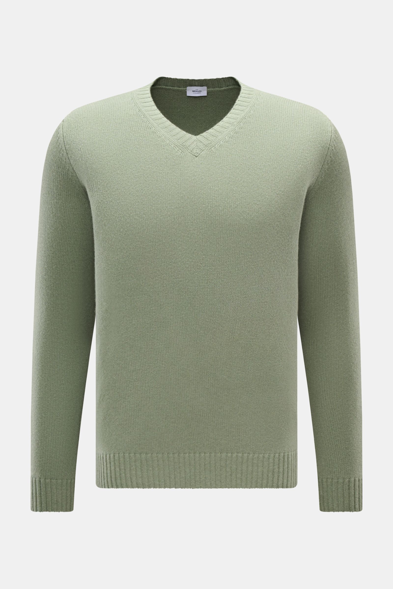 von Braun Cashmere V-Neck Pullover salbei, Frontansicht, eleganter Slim Fit mit V-Ausschnitt, reiner, weicher mongolischer Cashmere, mittelfeines Strickbild, elastische Rippbündchen
