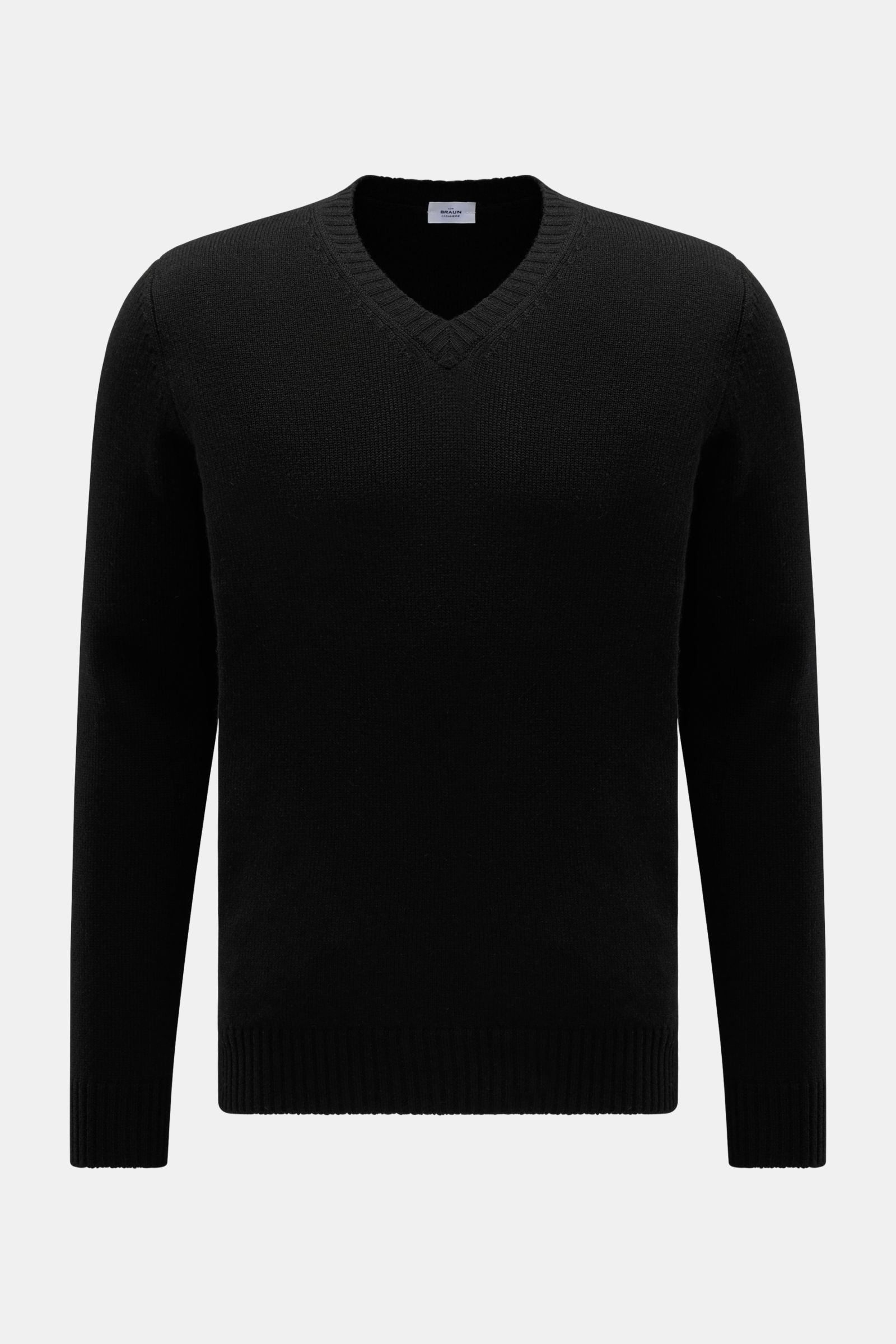 von Braun Cashmere V-Neck Pullover schwarz, frontal fotografiert, Slim Fit, reiner Cashmere, weicher Griff, mittelfeines Strickbild, V-Ausschnitt, elastische Rippbündchen.