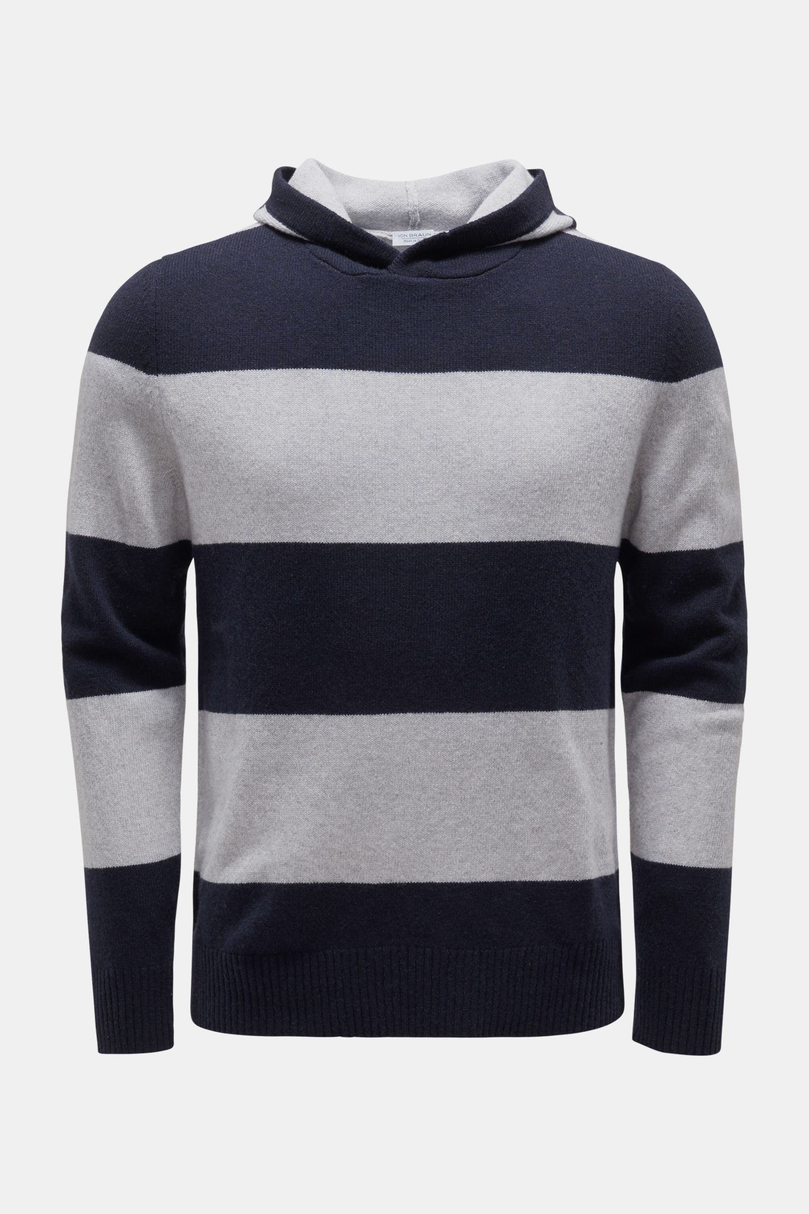 Cashmere hooded jumper navy/light grey striped