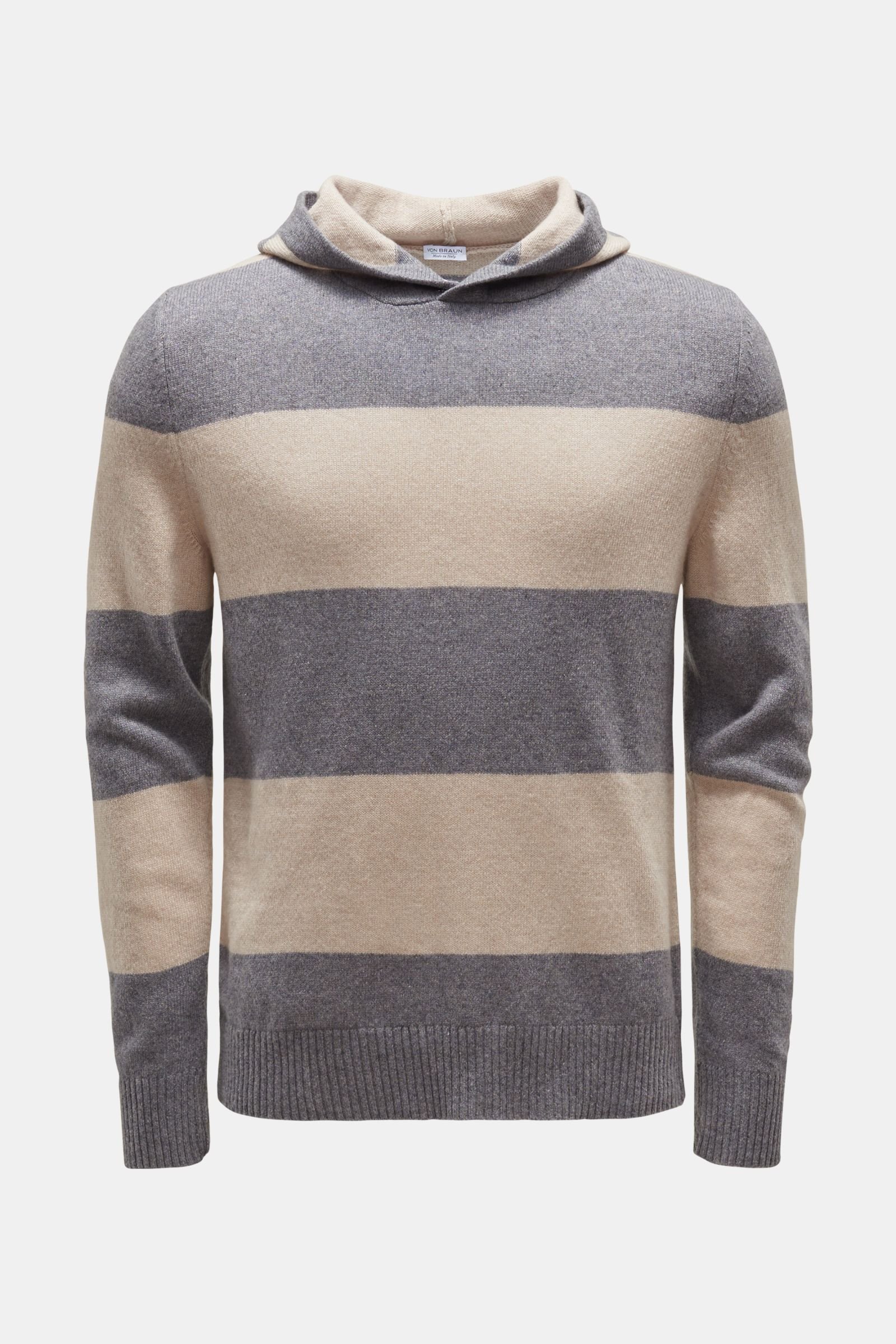 Cashmere hooded jumper grey/beige striped