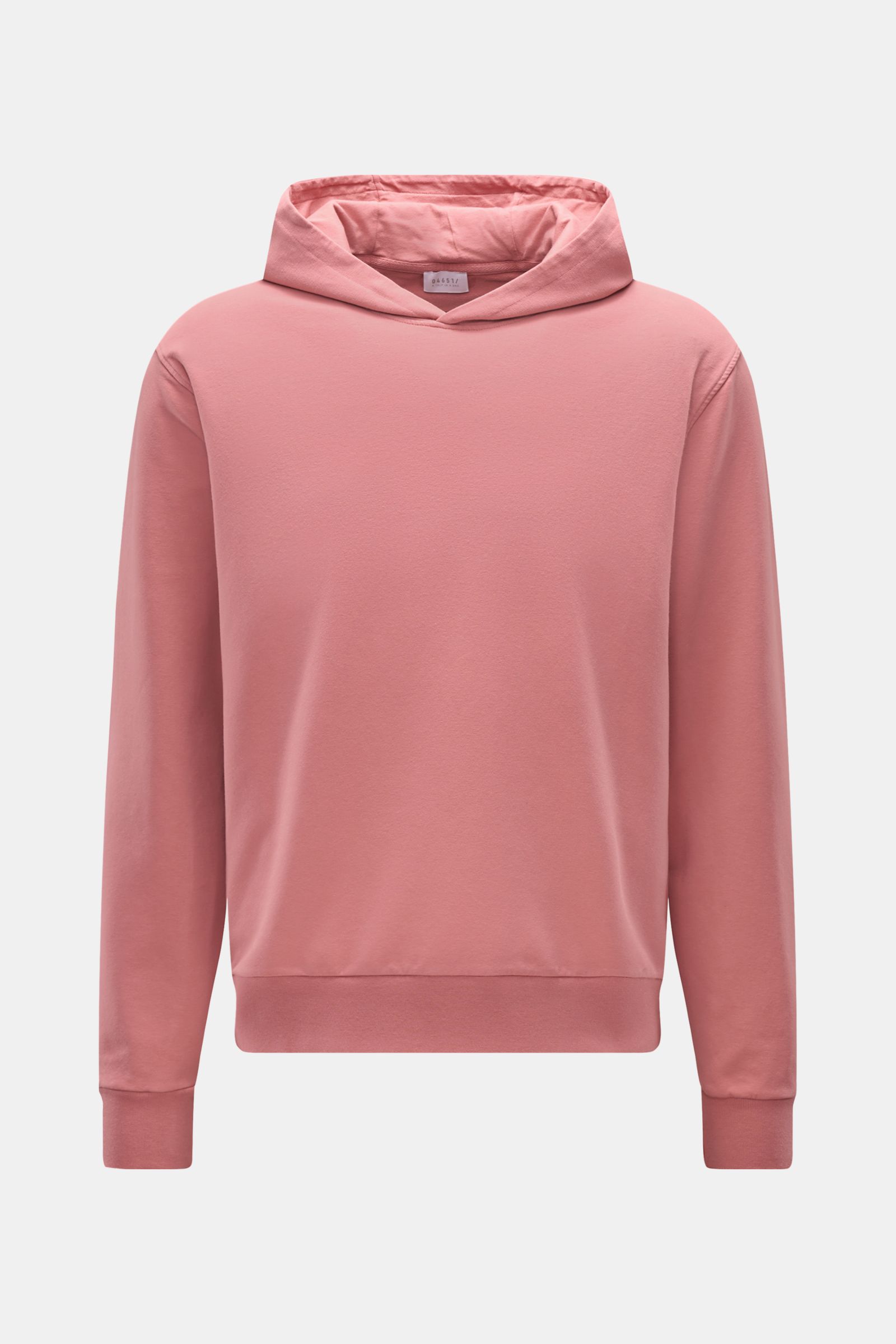 Front view of 04651/ A trip in a bag Hooded jumper 'IF Hoodie' antique pink in stretchy brushed cotton with practical hood and ribbed bands.