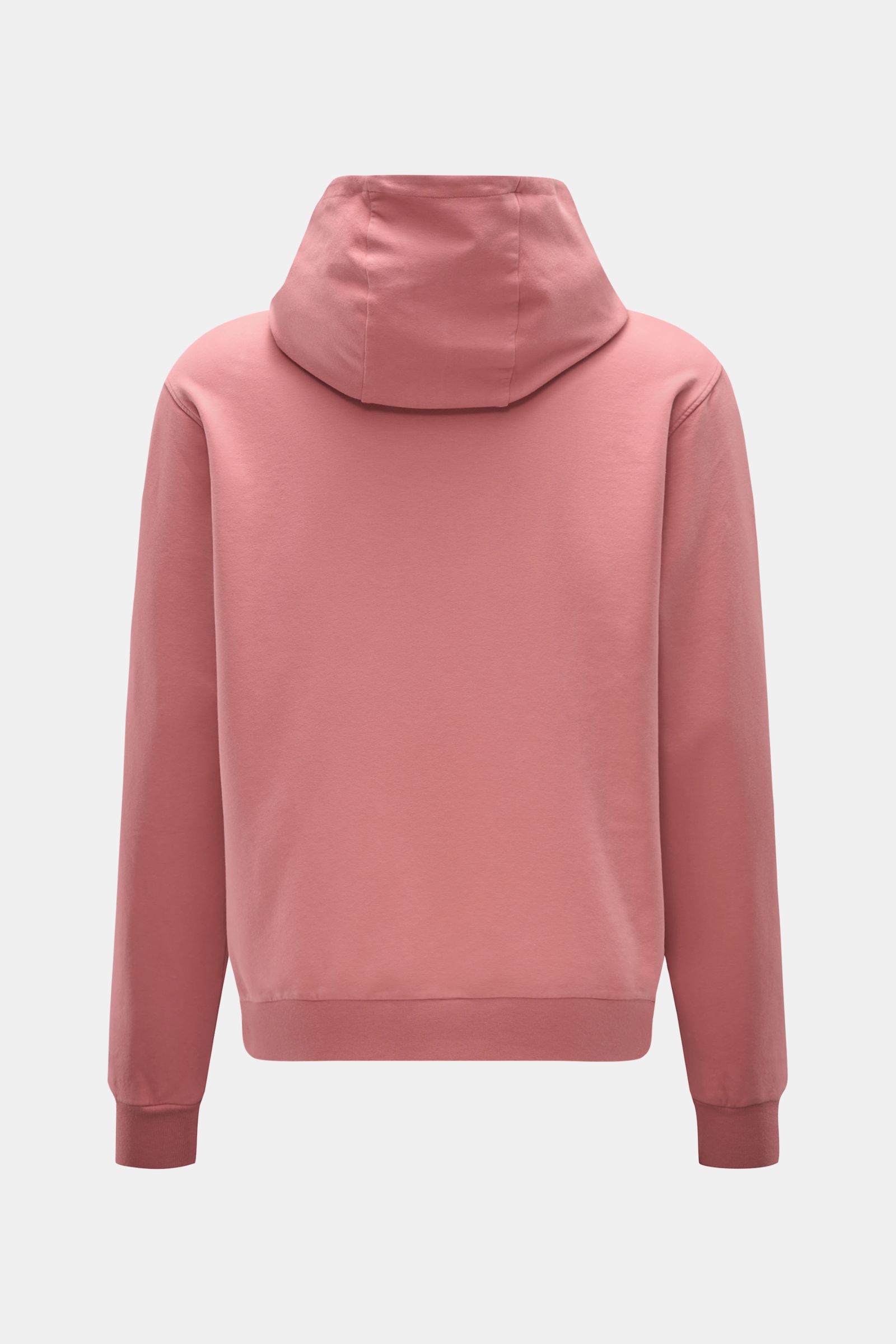 Back view of the 04651/ A trip in a bag Hooded jumper 'IF Hoodie' antique pink in stretchy brushed cotton with hood, ribbed bands, and side seam label.