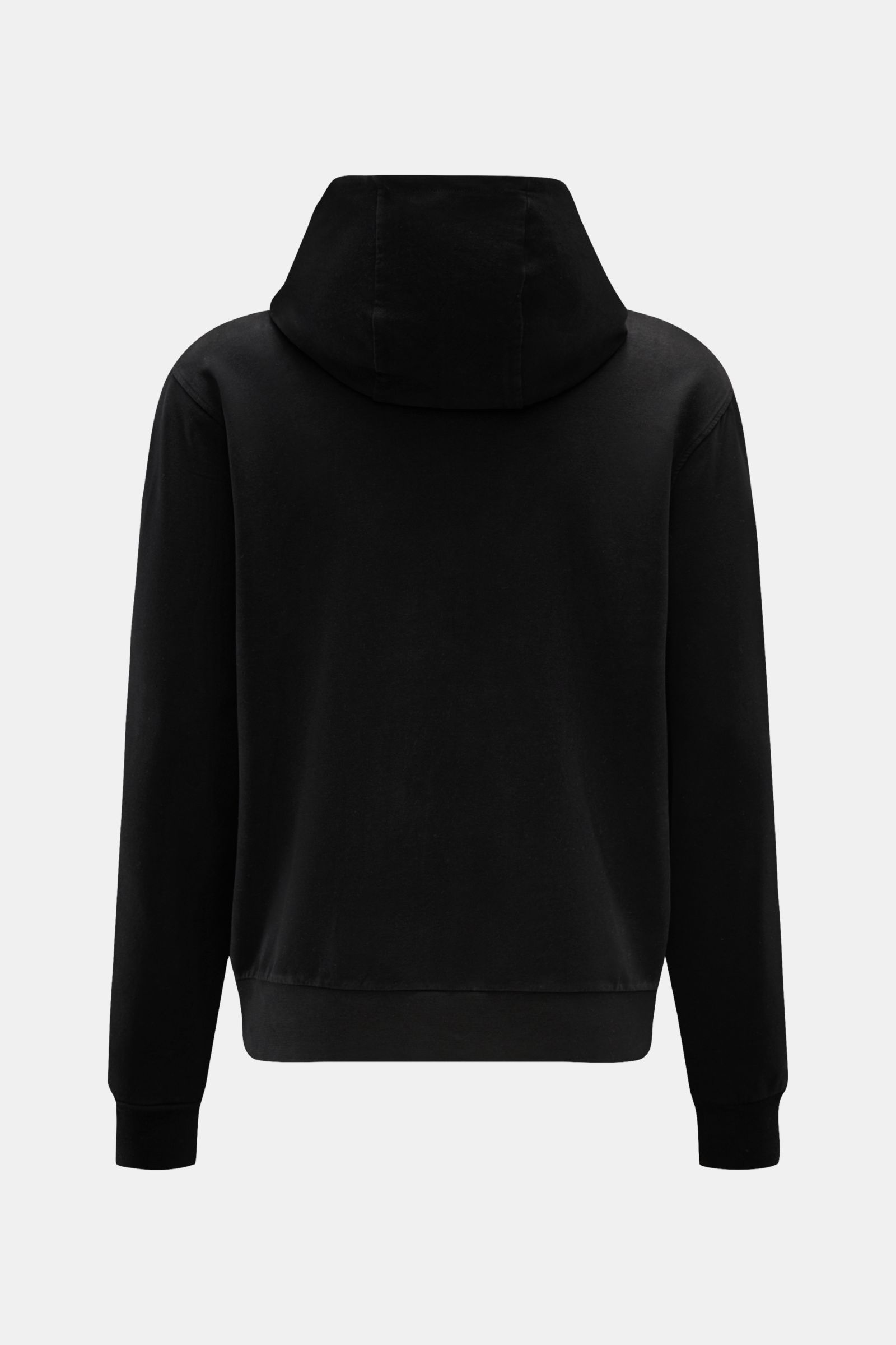 Rückansicht des schwarzen 04651/ A trip in a bag Kapuzenpullovers 'IF Hoodie' aus weichem, elastischem Jersey mit Kapuze und Rippbündchen.