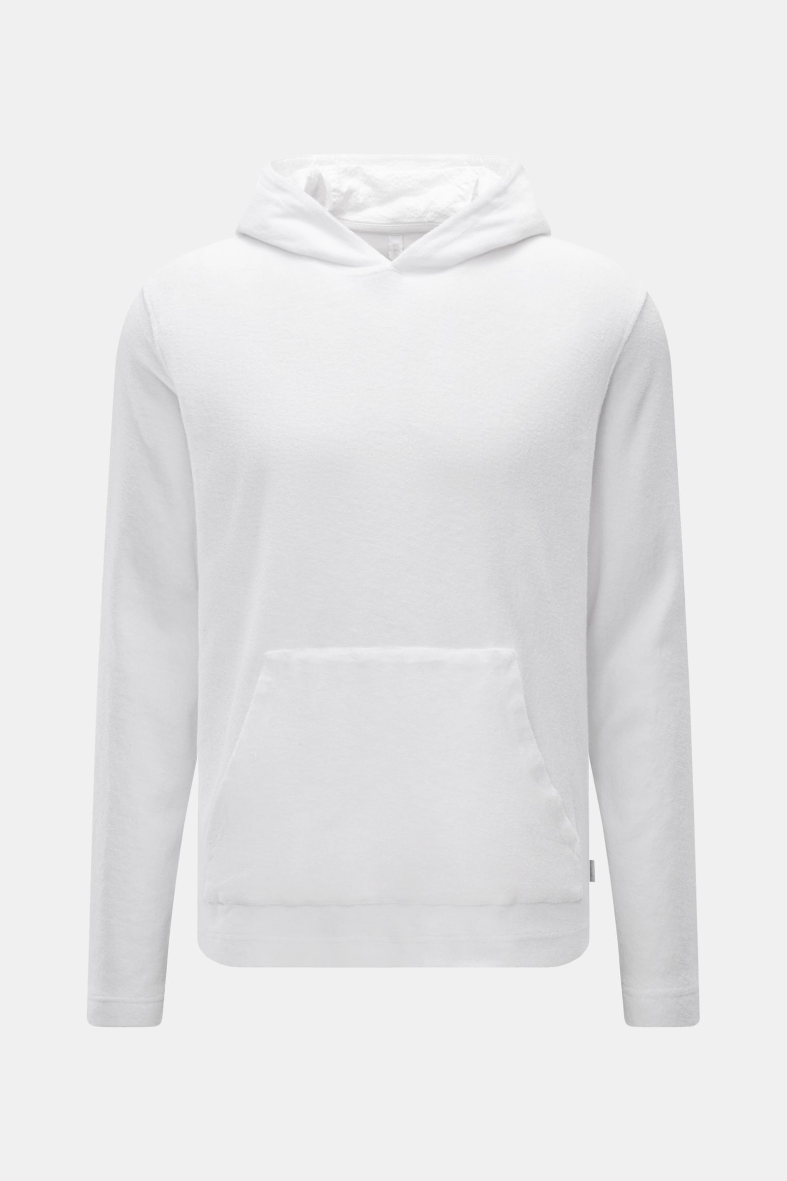 Front view of 04651/ A trip in a bag Hooded jumper 'Beach Hoodie' white, cotton terry, seersucker hood lining, kangaroo pocket.