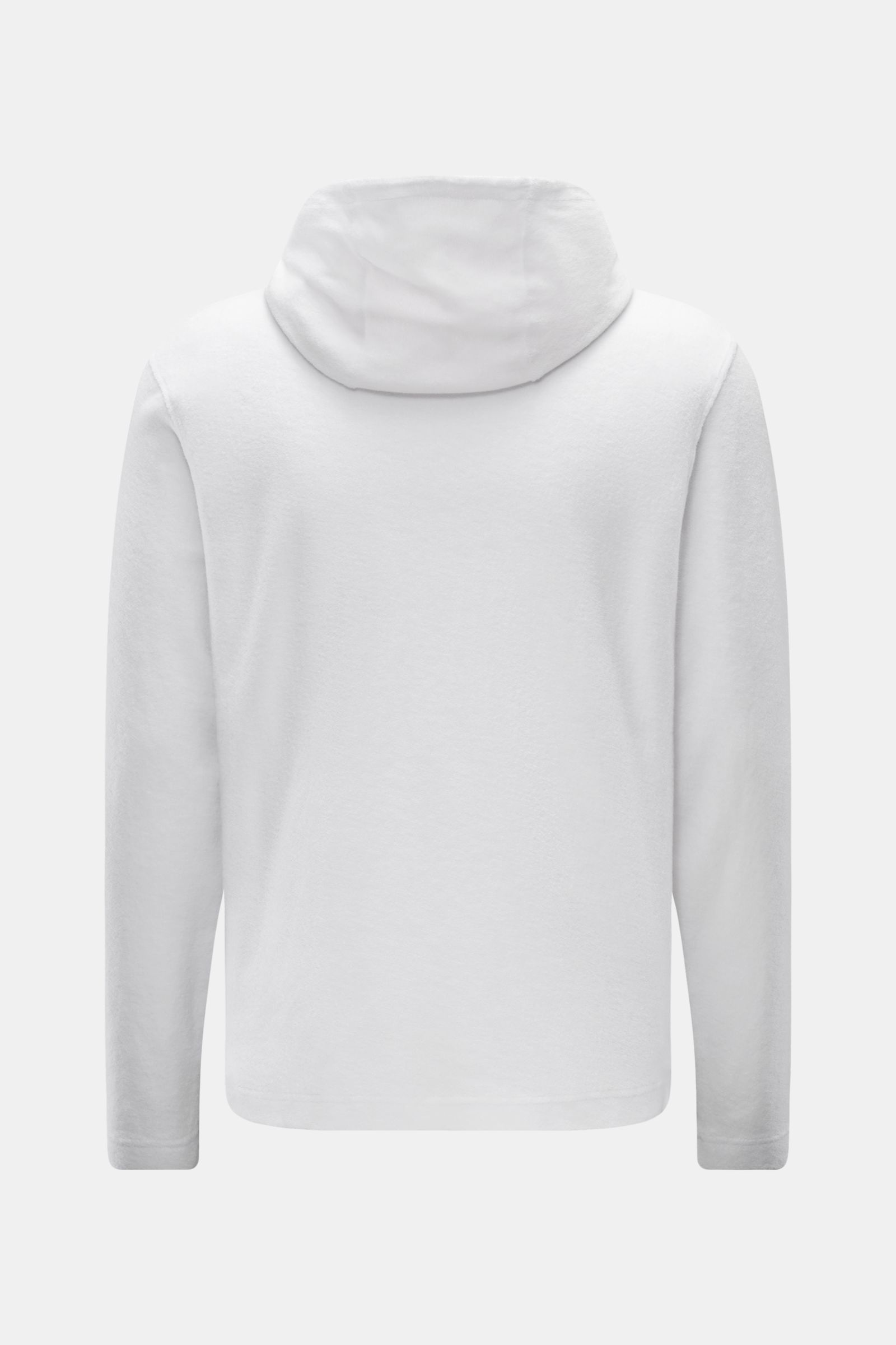 Back view of 04651/ A Trip in a Bag Hooded jumper 'Beach Hoodie' white, pure cotton, seersucker hood lining.