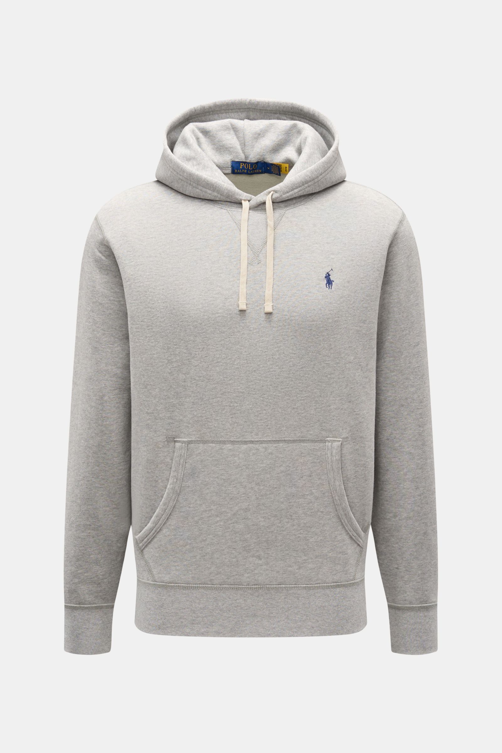 Front view of Polo Ralph Lauren Kapuzenpullover grau meliert hoodie made of cotton and high-quality microfiber, soft touch, regular fit, hood with drawstring, kangaroo pocket, chest logo embroidery, brushed inside, elastic cuffs.