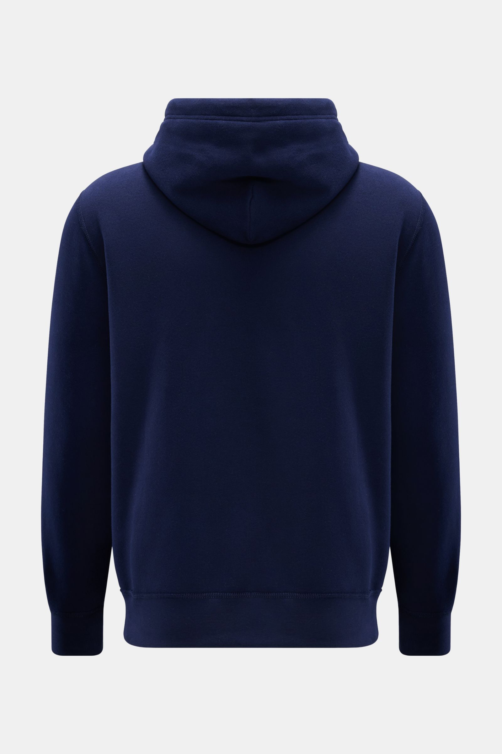 Polo Ralph Lauren Kapuzenpullover navy von hinten fotografiert, Jersey aus Baumwolle und Microfaser, weicher Griff, Regular Fit, Kapuze mit Tunnelzug, Kängurutasche, typisches Logo-Stitching, angeraute, softe Innenseite, breite Bündchen.