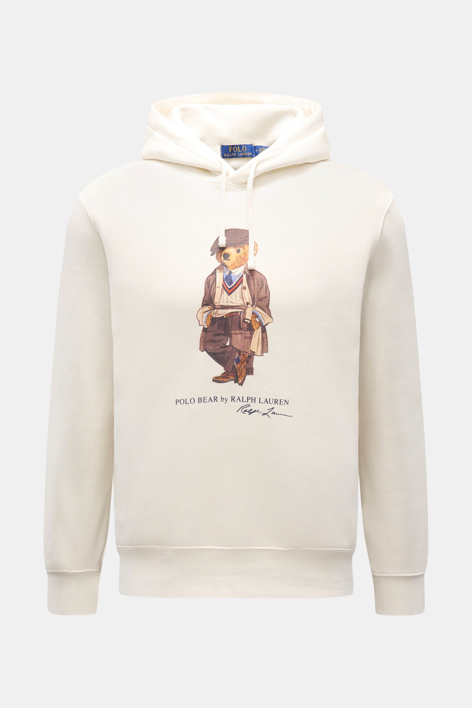 Polo Ralph Lauren Kapuzenpullover offwhite, frontal fotografiert, mit Polo-Bear-Print, Kapuze, Taschen, Rippbündchen, weicher Baumwoll-Mix.