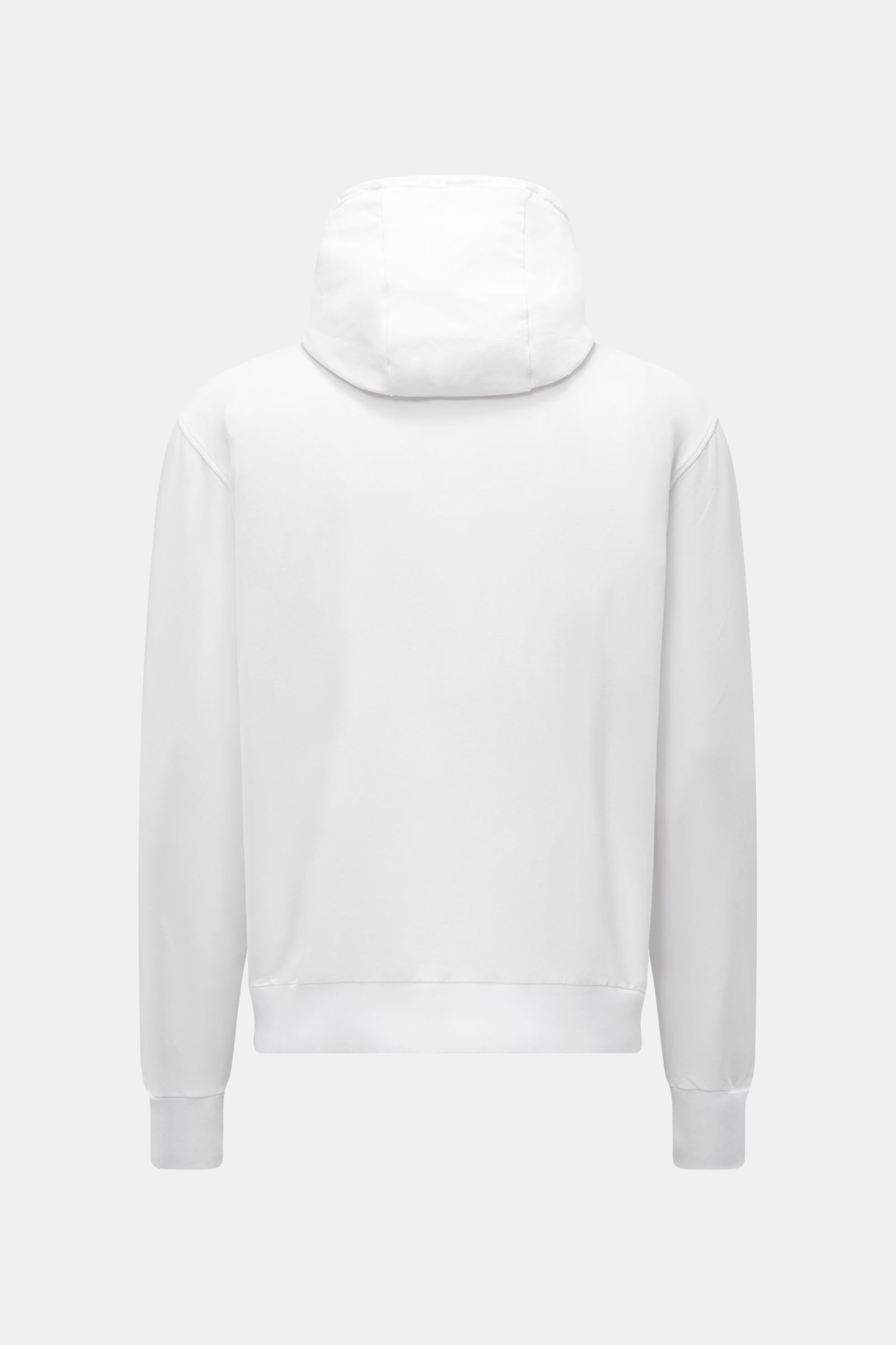 Back view of 04651/ A trip in a bag Kapuzenpullover 'IF Hoodie' offwhite made of brushed elastic cotton jersey with hood and ribbed cuffs.