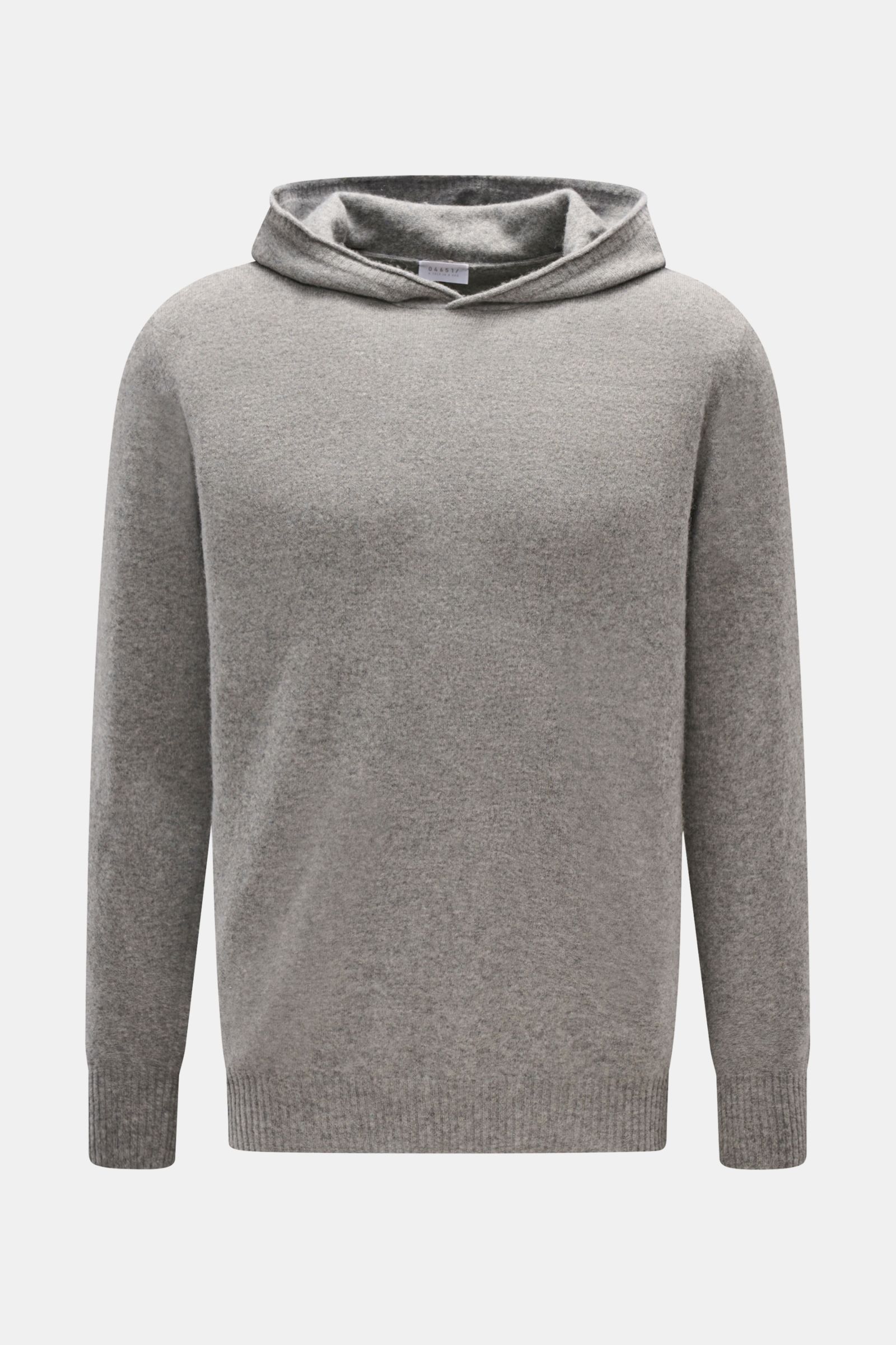 Front view of 04651/ A trip in a bag Kapuzenpullover sand hoodie in soft wool, cashmere, and viscose knit, slim fit with fine knit texture, knitted hood, and comfortable ribbed cuffs.