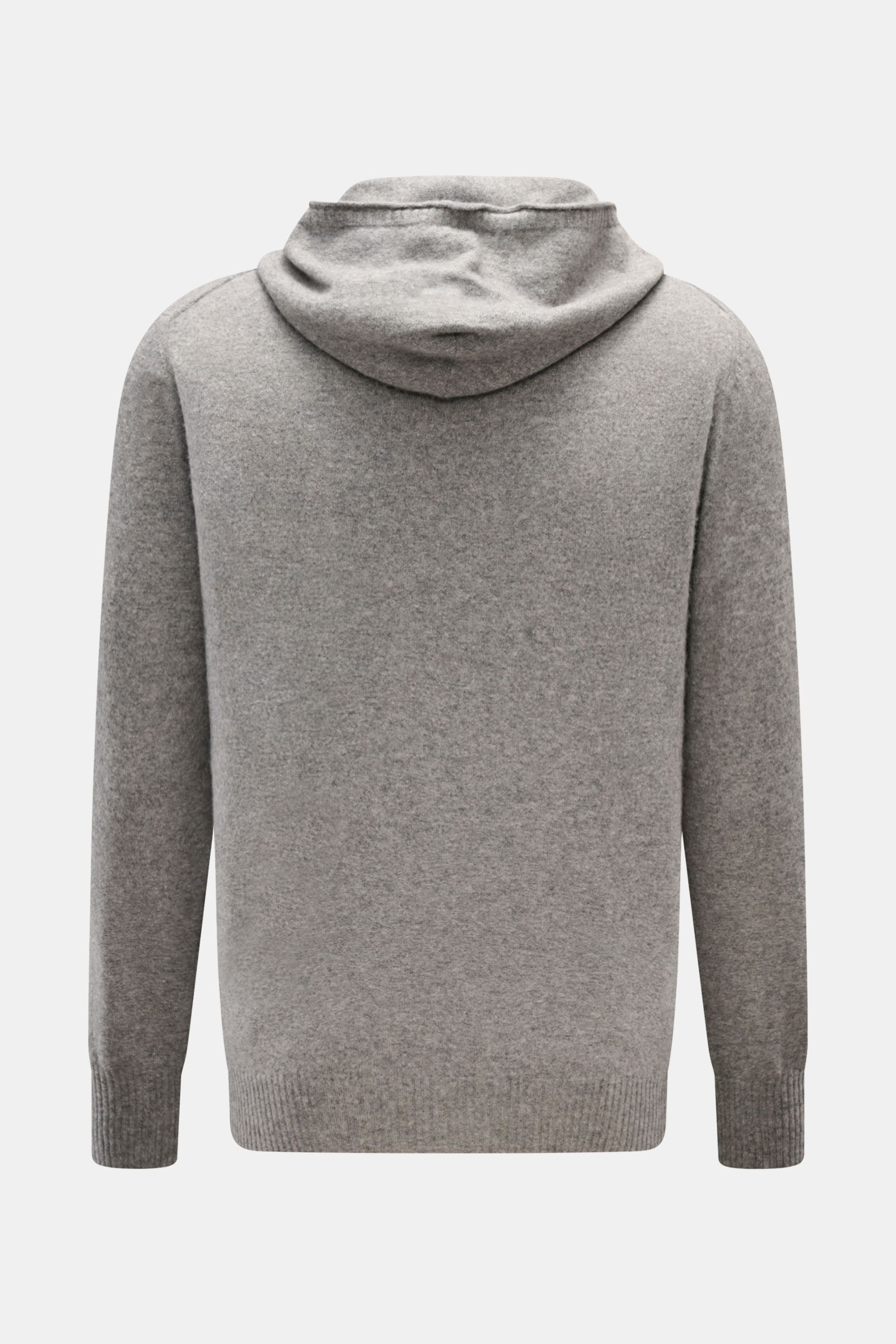 Back view of 04651/ A trip in a bag Kapuzenpullover sand in soft wool, cashmere, viscose knit, slim fit, fine knit pattern, knitted hood, and comfortable rib cuffs.