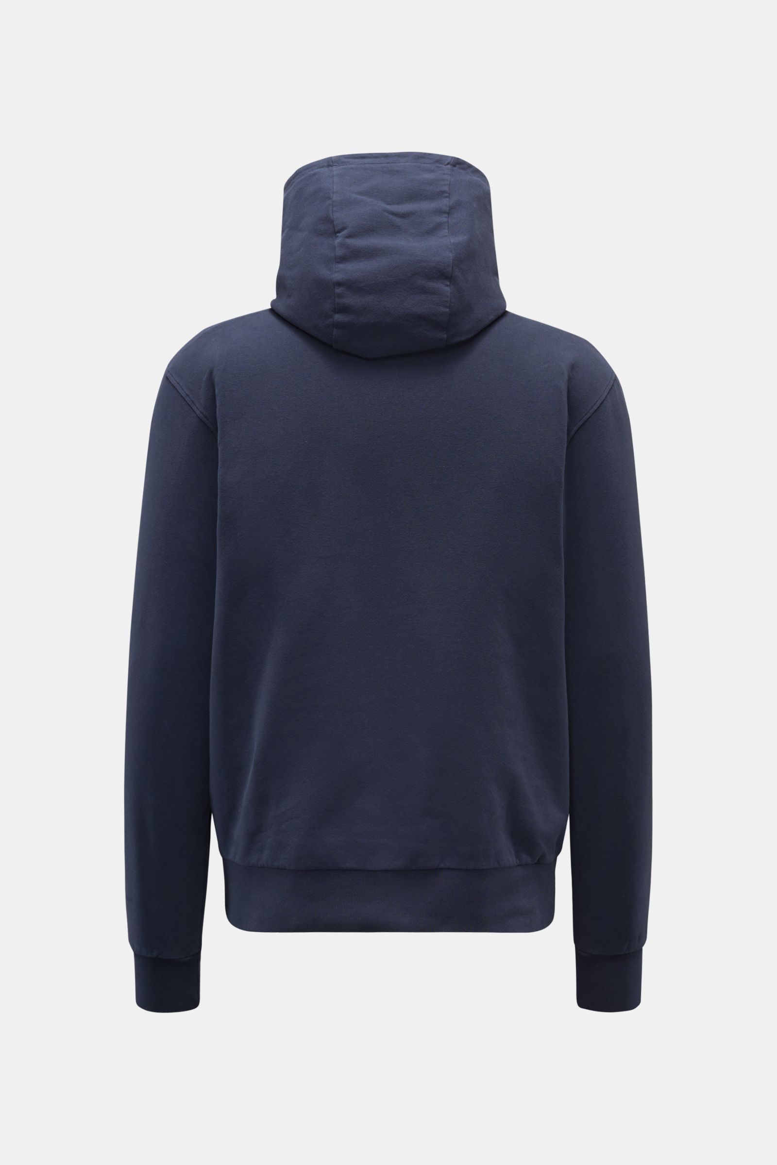 Rear view of the 04651/ A trip in a bag Hooded jumper 'IF Hoodie' dark blue in stretchy brushed cotton with practical hood and ribbed bands.