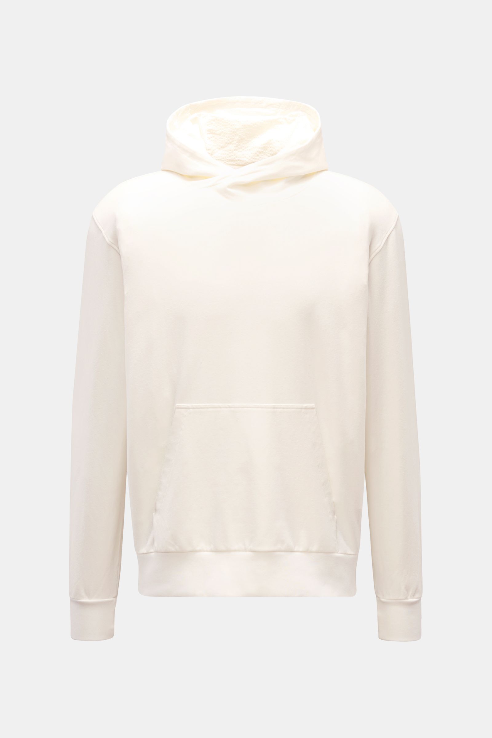 Front view of 04651/ A trip in a bag Kapuzenpullover 'IF Hoodie' offwhite made of brushed elastic cotton jersey with hood, ribbed cuffs, and kangaroo pocket.