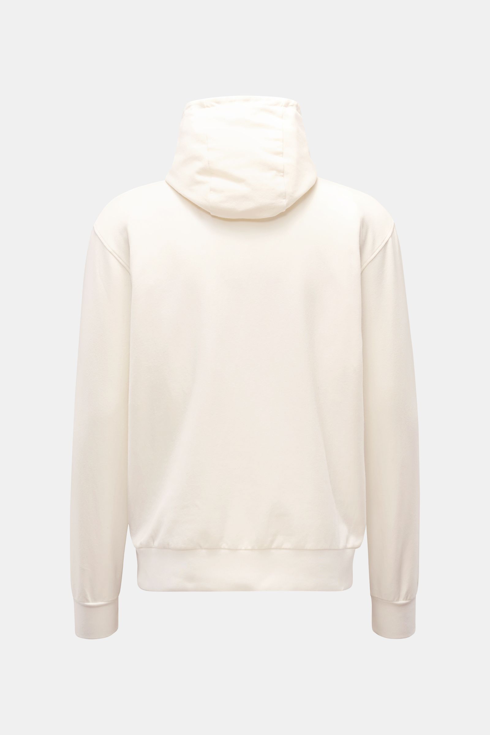 Back view of 04651/ A trip in a bag Kapuzenpullover 'IF Hoodie' offwhite in brushed elastic cotton jersey with hood, ribbed cuffs, and regular fit.