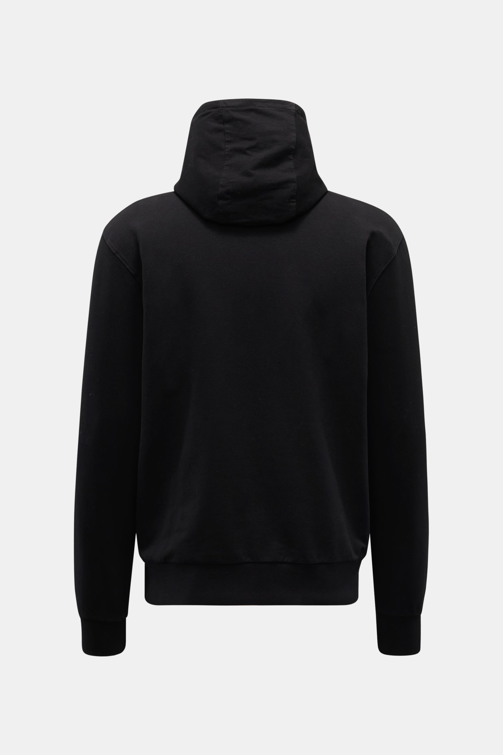 Black hooded jumper 04651/ A trip in a bag Hooded jumper 'IF Hoodie' black shown from the back, made of stretchy brushed cotton jersey with ribbed bands, practical hood, regular fit, and a small woven label in the side seam.