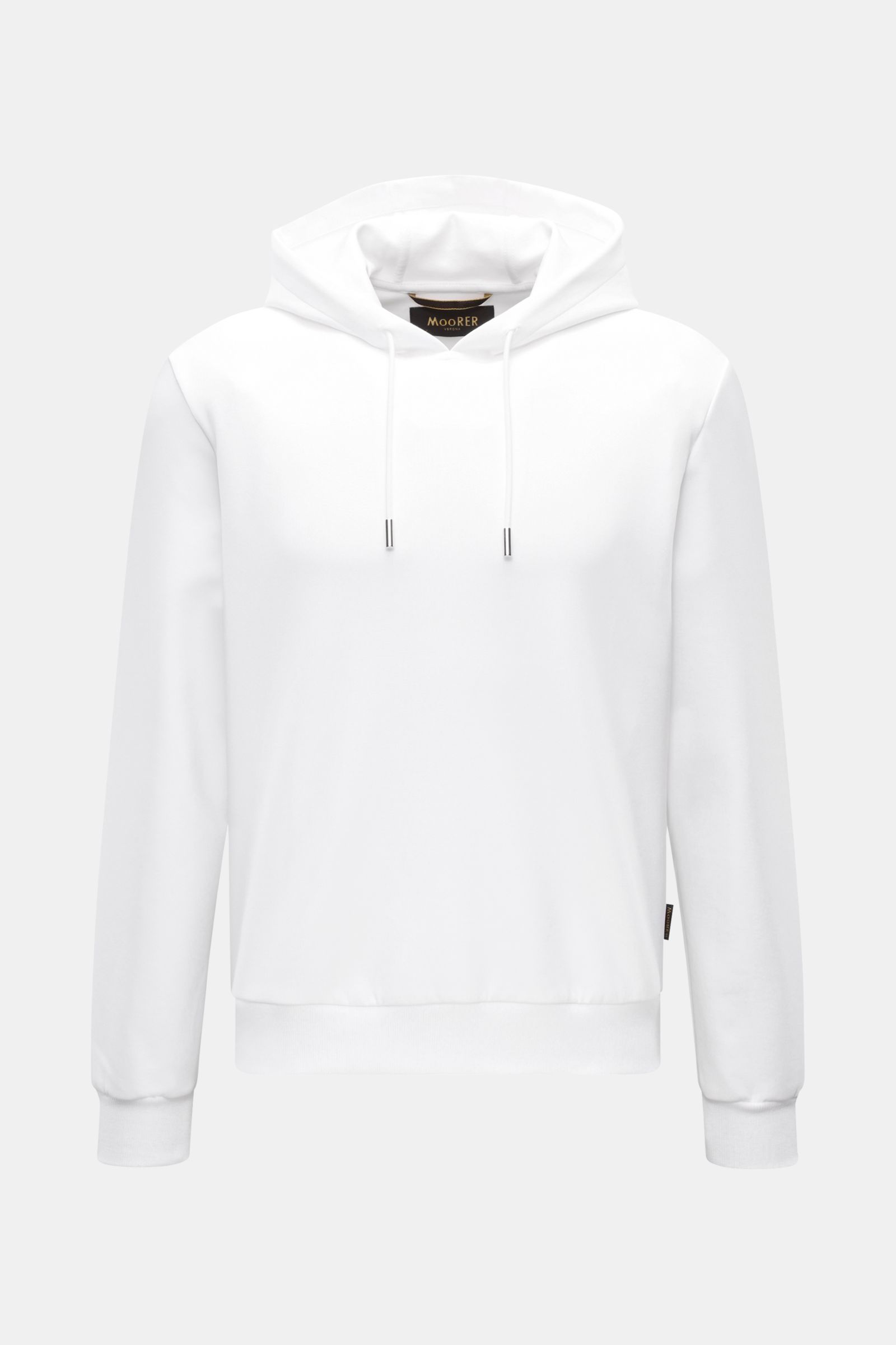 Front view of Moorer Hooded jumper 'Ellery' white in slim fit, with drawstring hood, flexible ribbed bands, and smooth fine knit fabric. Confident ease: With its clean design and maximum comfort, the hooded jumper 'Ellery' by MOORER is a versatile compani