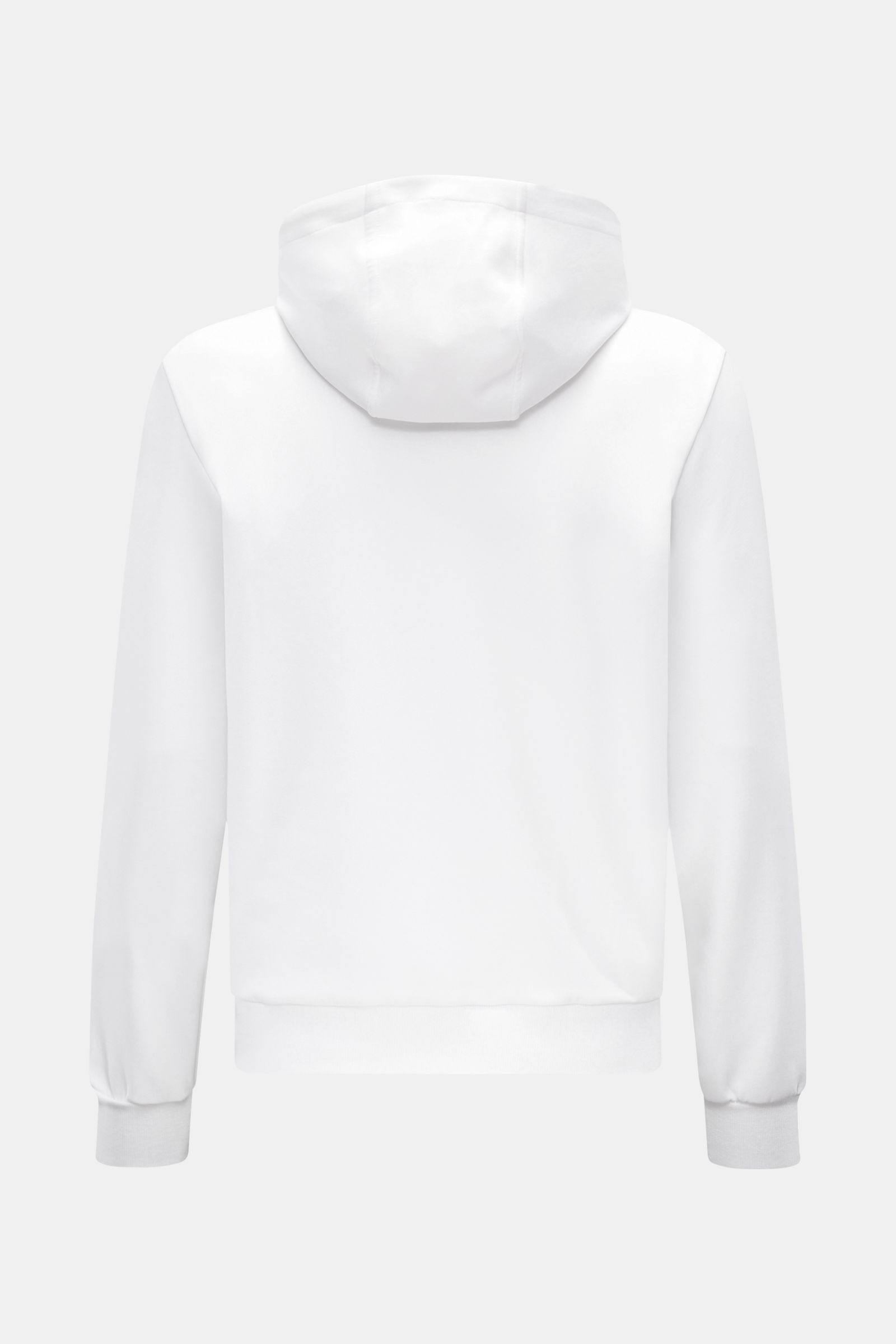 Rear view of Moorer Hooded jumper 'Ellery' white, showcasing its slim fit, drawstring hood, and flexible ribbed bands.  

Description:  
Confident ease: With its clean design and maximum comfort, the hooded jumper 'Ellery' by MOORER is a versatile comp