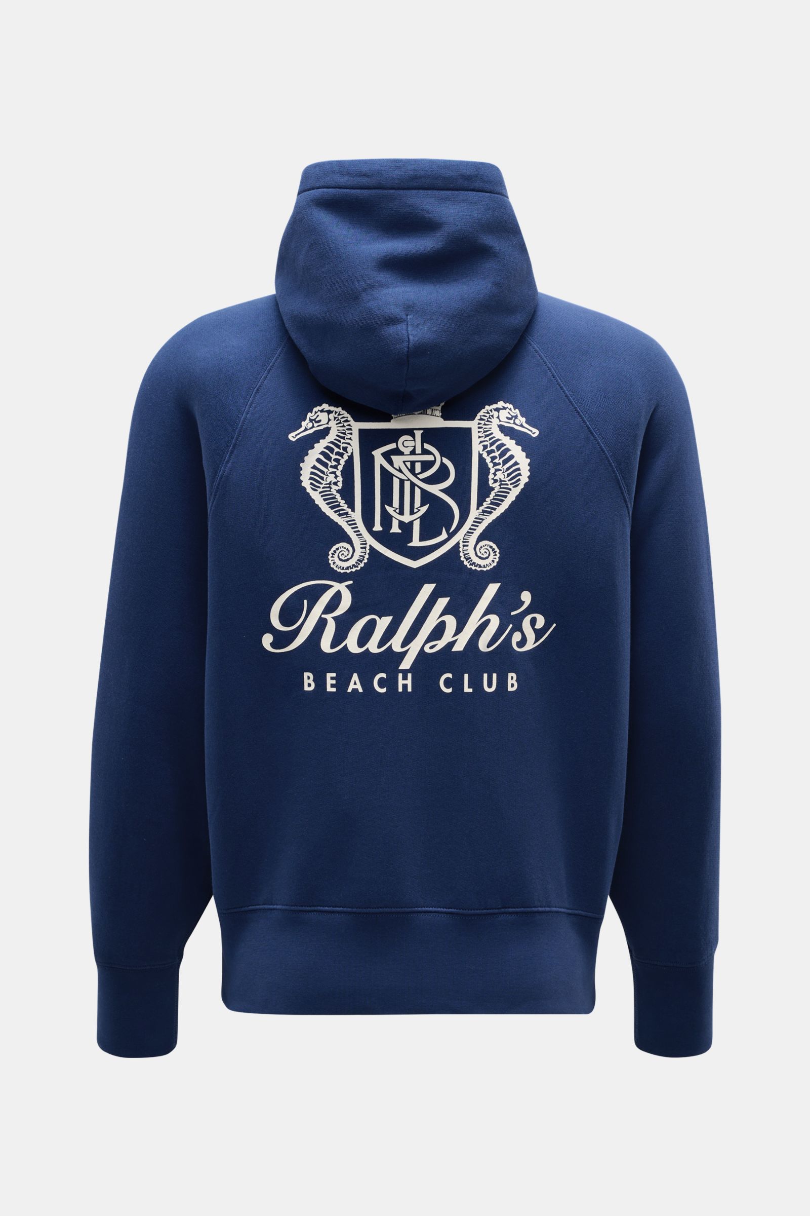 Polo Ralph Lauren Kapuzenpullover dunkelblau, Rückansicht, oversized, Baumwoll-Mix, Kapuze, maritimer Logo-Print mit Seepferdchen, Kängurutasche.