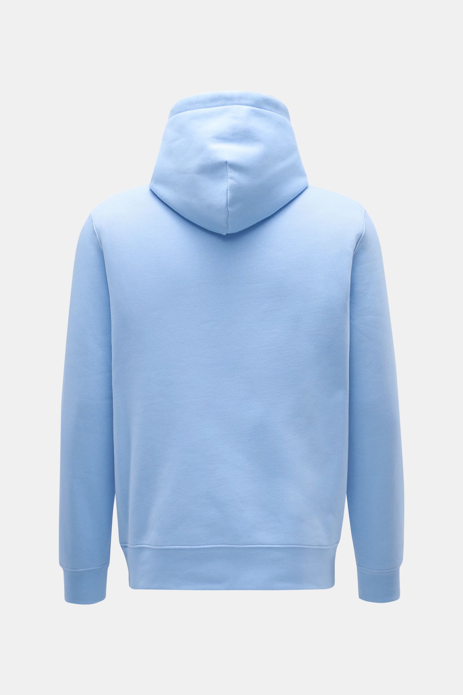 Rückansicht des hellblauen Polo Ralph Lauren Kapuzenpullovers mit Kapuze, weichem Griff und komfortablen Rippbündchen.