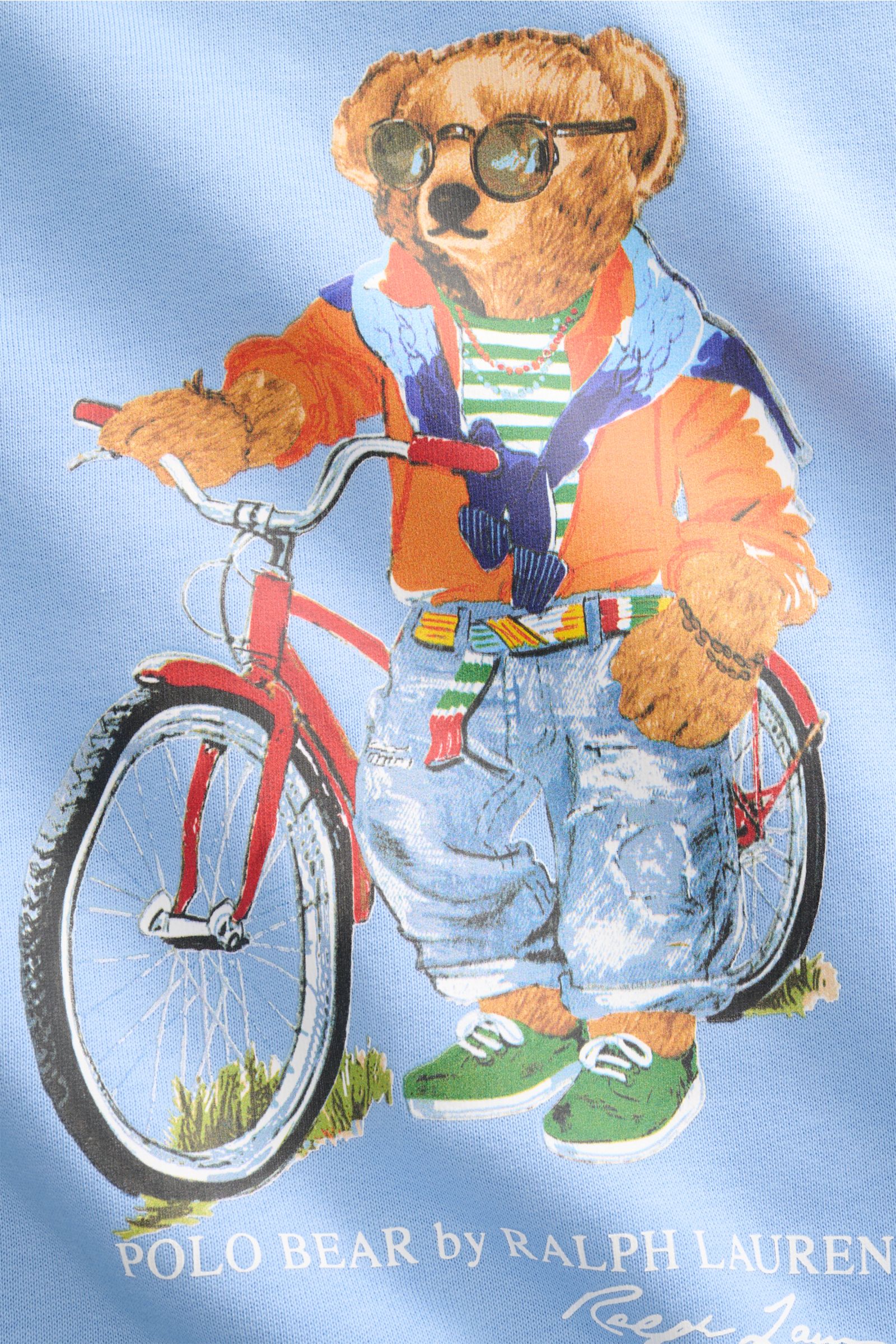 Polo Ralph Lauren Kapuzenpullover hellblau mit Polo-Bear-Print auf rotem Fahrrad, frontal aus nächster Nähe fotografiert.