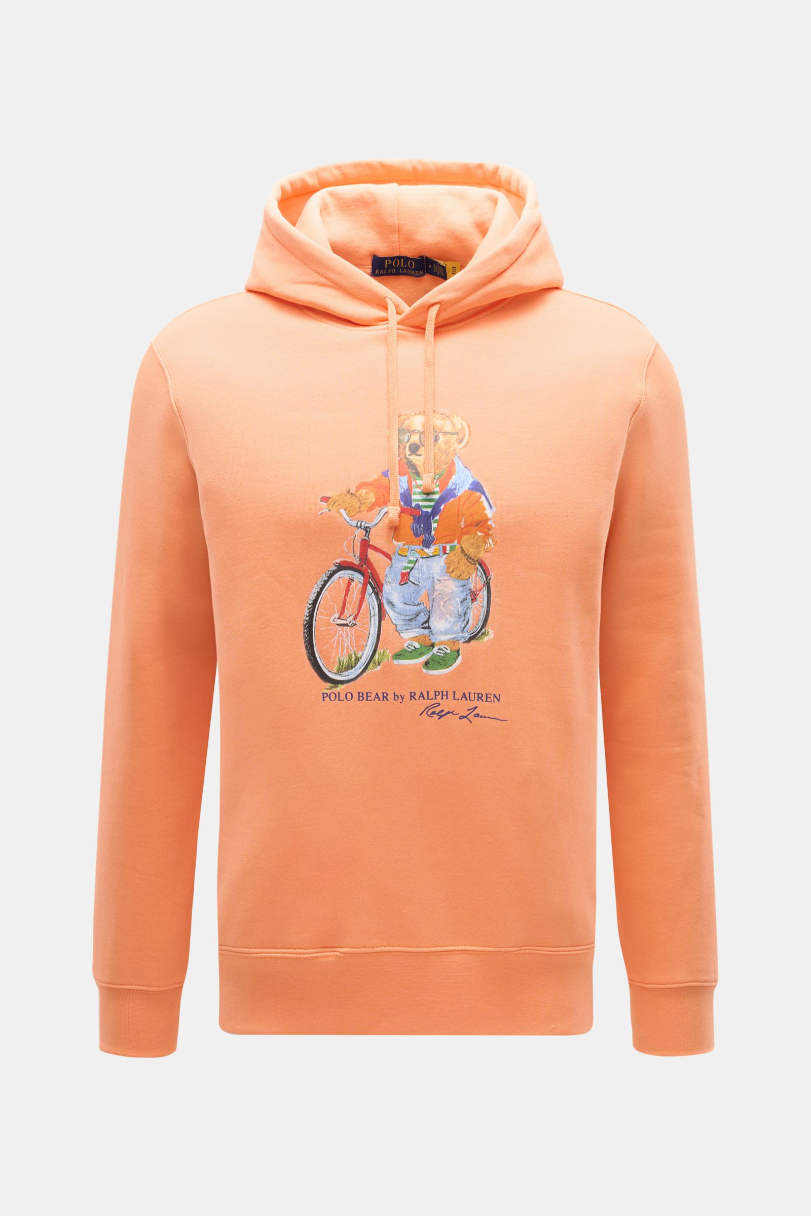 Polo Ralph Lauren Kapuzenpullover hellorange mit Polo-Bear-Print auf Bike, Kapuze mit Tunnelzug, weicher Griff, Regular Fit, Frontansicht.